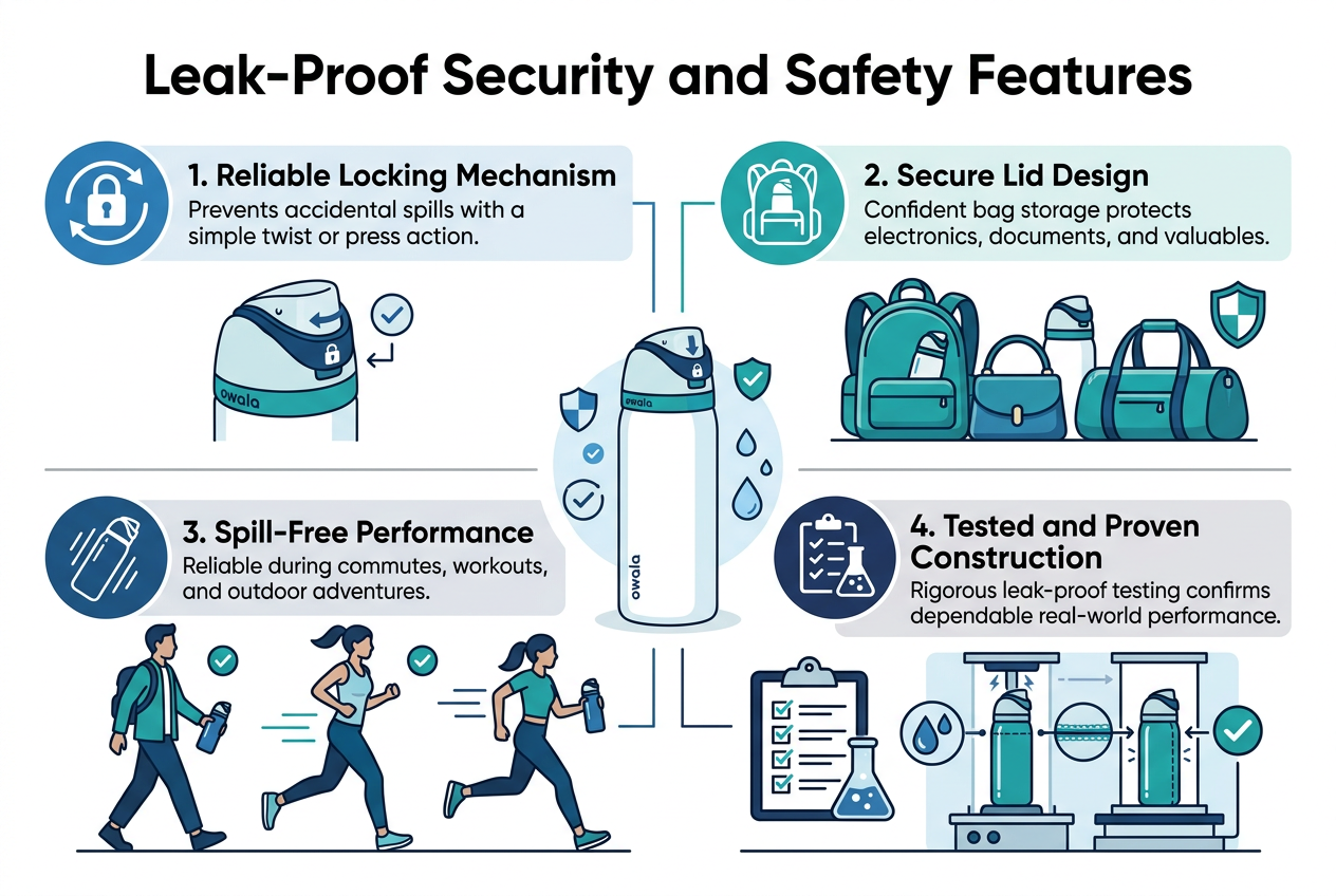Create a clean, modern infographic illustration in a 3:2 aspect ratio, full-bleed layout with no frame, no poster border, and wide horizontal composition. Use a professional hydration/product design style with a white background, teal and navy color palette, light blue accents, and subtle gray dividers. Use bold sans-serif fonts with strong visual hierarchy.

Top center: large bold title text:
"Leak-Proof Security and Safety Features"

Below the title, arrange four wide horizontal content blocks across the page in a 2x2 grid or long left-to-right section flow, each with a numbered circle, a distinct icon, a short heading, and a concise supporting line. Keep the layout open and spacious, not vertically stacked.

1. Left top block:
Blue circular icon with a twisting lock symbol.
Heading text: "1. Reliable Locking Mechanism"
Supporting text: "Prevents accidental spills with a simple twist or press action."
Show a bottle lid with a secure lock engaged and a small checkmark.

2. Right top block:
Teal icon of a backpack with a bottle inside.
Heading text: "2. Secure Lid Design"
Supporting text: "Confident bag storage protects electronics, documents, and valuables."
Show a backpack, purse, and gym bag with a bottle safely sealed inside, with a shield icon nearby.

3. Left bottom block:
Dark blue icon of a water bottle with motion lines.
Heading text: "3. Spill-Free Performance"
Supporting text: "Reliable during commutes, workouts, and outdoor adventures."
Show the bottle being carried while walking, jogging, and moving in a dynamic scene with no leaks, plus small checkmarks.

4. Right bottom block:
Navy icon of a testing checklist with a lab flask and droplet symbols.
Heading text: "4. Tested and Proven Construction"
Supporting text: "Rigorous leak-proof testing confirms dependable real-world performance."
Show a testing station with the bottle under stress conditions, sealed seams highlighted, and a final approval checkmark.

Add a subtle central hero image behind or between the blocks: a sleek Owala FreeSip 2026 bottle with a locked lid, surrounded by small shield, checkmark, and water-drop protection icons. Use thin connector lines or visual arrows to link the four sections to the bottle. Maintain high readability, crisp edges, and a premium product infographic look. Include only the visible text specified above.