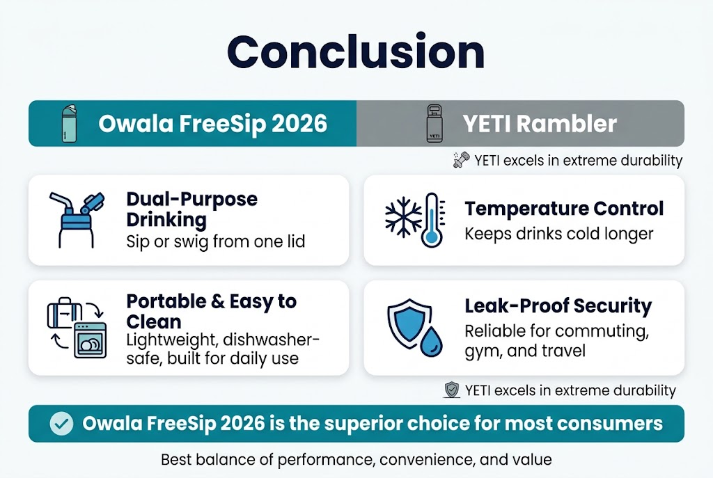 Aspect ratio 3:2, full-bleed clean professional infographic on a white background with teal, blue, and dark navy accents, modern sans-serif typography, bold clear hierarchy.

Top center large bold heading in dark navy: "Conclusion"

Below the heading, a wide horizontal comparison banner with two side-by-side panels:
Left panel in teal with a small bottle icon and the label "Owala FreeSip 2026"
Right panel in gray with a rugged bottle icon and the label "YETI Rambler"

Main content arranged in a 2-column grid of 4 rounded rectangular blocks with simple line icons and short text:
1) Top left block with a dual-spout drinking icon and bold title: "Dual-Purpose Drinking"
   Body text: "Sip or swig from one lid"
2) Top right block with a snowflake and thermometer icon and bold title: "Temperature Control"
   Body text: "Keeps drinks cold longer"
3) Bottom left block with a travel bag and dishwasher icon and bold title: "Portable & Easy to Clean"
   Body text: "Lightweight, dishwasher-safe, built for daily use"
4) Bottom right block with a shield and leak-drop icon and bold title: "Leak-Proof Security"
   Body text: "Reliable for commuting, gym, and travel"

A narrow full-width bottom summary bar in teal with a checkmark icon and bold text:
"Owala FreeSip 2026 is the superior choice for most consumers"

Small secondary callout near the right side under the YETI panel in gray text with a durability icon:
"YETI excels in extreme durability"

Include a final bottom line in smaller text across the footer:
"Best balance of performance, convenience, and value"