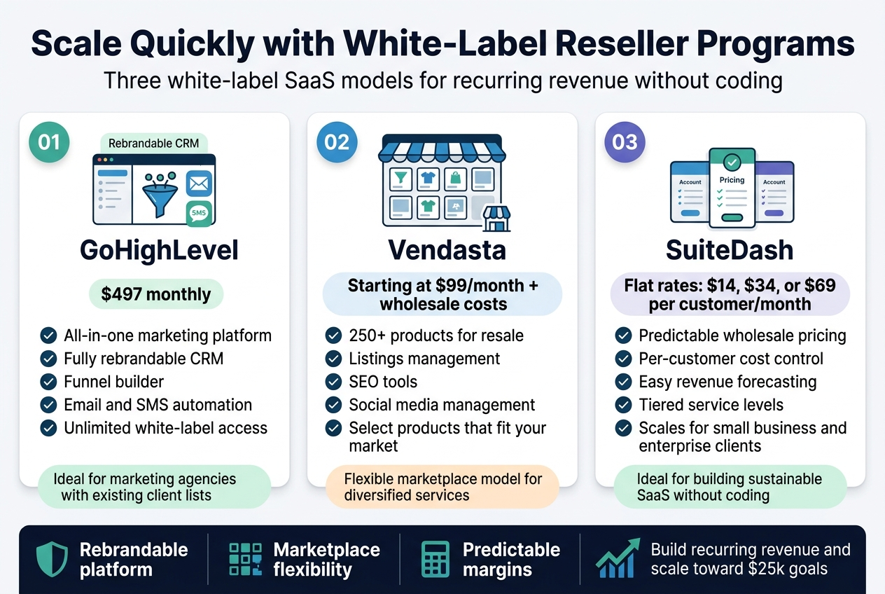 Create a clean, modern business infographic in a full-bleed wide landscape layout, aspect ratio 3:2, with a professional SaaS/marketing style, white background, dark navy text, teal and blue accents, subtle green highlight numbers, crisp vector icons, and strong visual hierarchy.

Top header across full width:
Large bold title text: "Scale Quickly with White-Label Reseller Programs"
Smaller subtitle beneath: "Three white-label SaaS models for recurring revenue without coding"

Main content arranged in three wide horizontal sections or side-by-side cards across the page, each with a numbered badge, product icon, pricing callout, and key features.

Section 1 on the left:
Number badge "01" in a teal circle
Large heading: "GoHighLevel"
Icon: rebrandable CRM dashboard with funnel, email, and SMS symbols
Price line in a highlighted pill: "$497 monthly"
Short bullet points with check icons:
"All-in-one marketing platform"
"Fully rebrandable CRM"
"Funnel builder"
"Email and SMS automation"
"Unlimited white-label access"
Small footer text in a green callout: "Ideal for marketing agencies with existing client lists"

Section 2 in the center:
Number badge "02" in a blue circle
Large heading: "Vendasta"
Icon: marketplace grid with multiple product tiles and storefront symbol
Price line in a highlighted pill: "Starting at $99/month + wholesale costs"
Short bullet points with check icons:
"250+ products for resale"
"Listings management"
"SEO tools"
"Social media management"
"Select products that fit your market"
Small footer text in an orange callout: "Flexible marketplace model for diversified services"

Section 3 on the right:
Number badge "03" in a purple circle
Large heading: "SuiteDash"
Icon: pricing table or stacked account cards with checkmark
Price line in a highlighted pill: "Flat rates: $14, $34, or $69 per customer/month"
Short bullet points with check icons:
"Predictable wholesale pricing"
"Per-customer cost control"
"Easy revenue forecasting"
"Tiered service levels"
"Scales for small business and enterprise clients"
Small footer text in a green callout: "Ideal for building sustainable SaaS without coding"

Bottom section spanning full width:
A bold comparison strip with three compact columns and icons:
"Rebrandable platform" with a shield icon
"Marketplace flexibility" with a grid icon
"Predictable margins" with a calculator icon

Include a slim upward growth arrow or revenue chart across the bottom with the text: "Build recurring revenue and scale toward $25k goals"

Use clean sans-serif fonts, bold section headings, clear spacing, aligned cards, subtle shadows, and consistent icon style. Make the layout wide and balanced, with strong left-to-right flow and no vertical poster framing.
