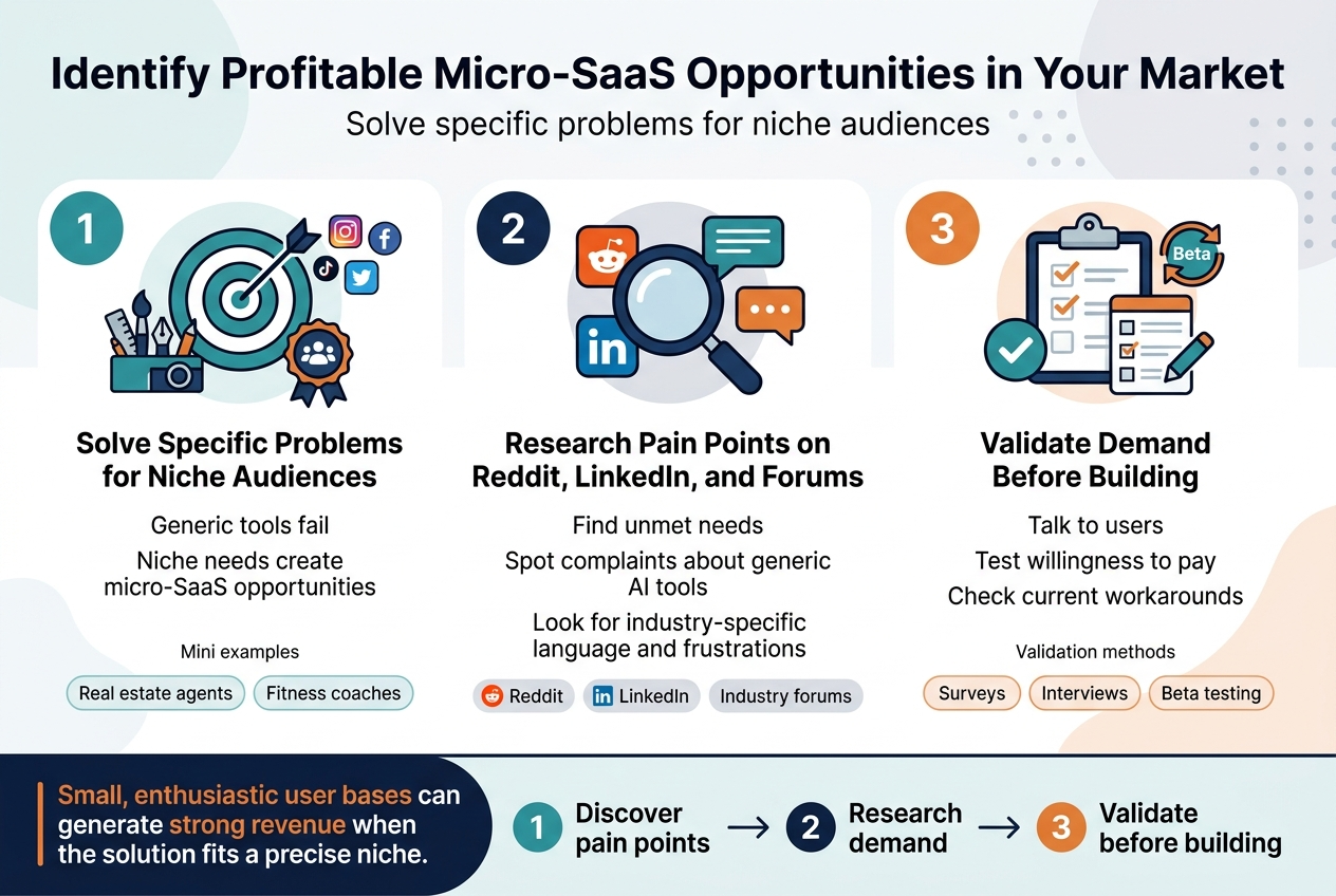 Create a clean professional infographic illustration in a 3:2 aspect ratio with a full-bleed layout, no poster frame, no inset margins, using a modern flat vector style. Use a wide horizontal composition with three main sections across the page, strong visual hierarchy, and bold typography.

Top header across the full width:
- Large bold title text: "Identify Profitable Micro-SaaS Opportunities in Your Market"
- Smaller subtitle beneath: "Solve specific problems for niche audiences"

Use a color palette of deep navy, teal, white, and warm orange accents. Use modern sans-serif fonts, crisp lines, subtle shadows, and clear iconography.

Main body: three wide section blocks arranged left to right, each with a numbered circle, a matching icon, and short text.

Section 1 on the left:
- Numbered circle: "1"
- Icon: a target with a small group of content creator tools, social media symbols, and niche audience badges
- Heading text: "Solve Specific Problems for Niche Audiences"
- Supporting text in two short lines:
  "Generic tools fail"
  "Niche needs create micro-SaaS opportunities"
- Add small mini examples beneath with two labeled bubbles:
  "Real estate agents"
  "Fitness coaches"

Section 2 in the center:
- Numbered circle: "2"
- Icon: magnifying glass over social platforms and forum chat bubbles
- Heading text: "Research Pain Points on Reddit, LinkedIn, and Forums"
- Supporting text in three short lines:
  "Find unmet needs"
  "Spot complaints about generic AI tools"
  "Look for industry-specific language and frustrations"
- Add small platform labels with simple icons:
  "Reddit"
  "LinkedIn"
  "Industry forums"

Section 3 on the right:
- Numbered circle: "3"
- Icon: clipboard, checkmark, survey form, and beta testing symbol
- Heading text: "Validate Demand Before Building"
- Supporting text in three short lines:
  "Talk to users"
  "Test willingness to pay"
  "Check current workarounds"
- Add small validation methods in pill-shaped labels:
  "Surveys"
  "Interviews"
  "Beta testing"

Bottom band spanning the width:
- A clean summary strip with a bold callout box in orange and navy
- Callout text: "Small, enthusiastic user bases can generate strong revenue when the solution fits a precise niche."
- Include a simple flow diagram with arrows connecting the three steps:
  "1 Discover pain points → 2 Research demand → 3 Validate before building"

Visual style details:
- Use balanced spacing, clear alignment, and readable text
- Use icons that are simple and recognizable
- Use subtle background shapes like soft gradients or abstract dots
- Ensure all text is legible and placed prominently