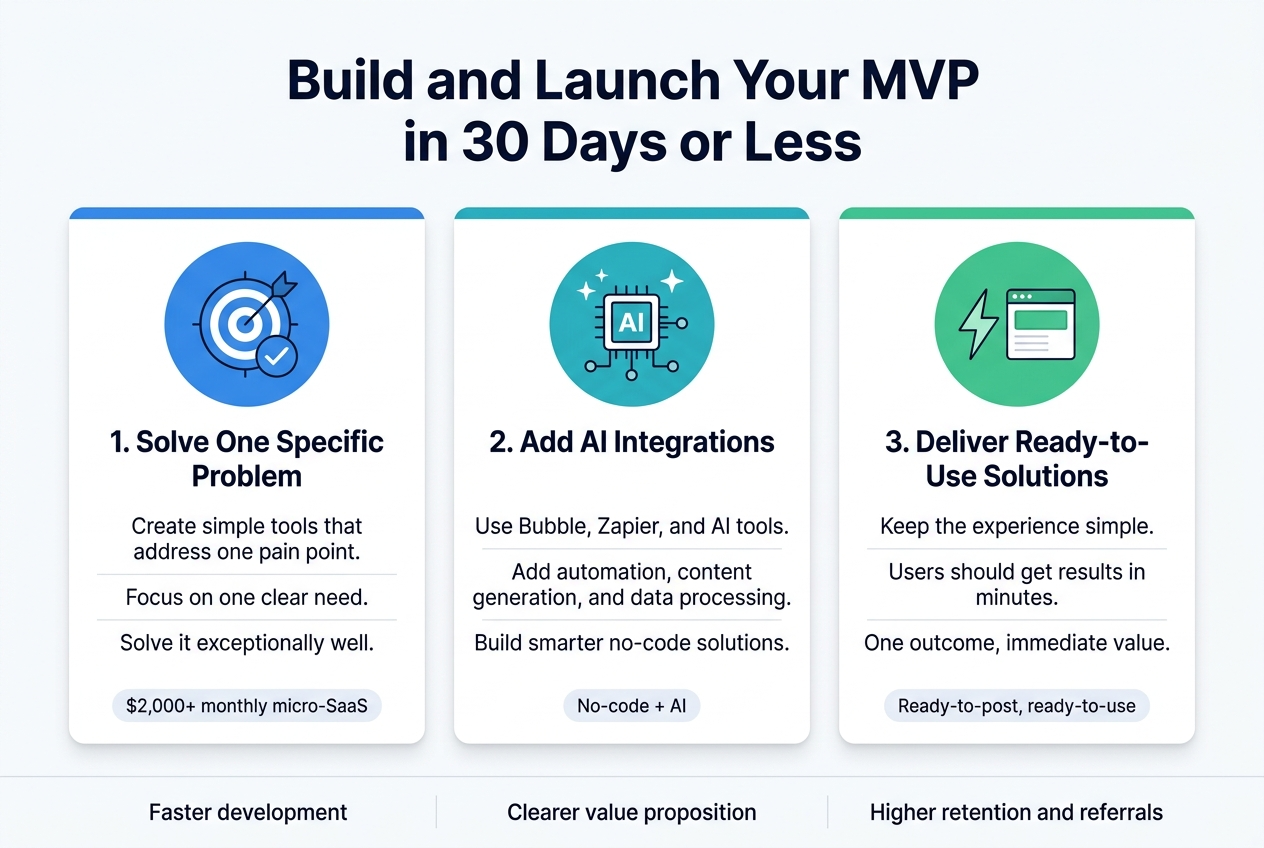 Create a clean, modern full-bleed infographic illustration in a 3:2 aspect ratio with a white background, blue and teal accent colors, dark navy text, and subtle light-gray dividers. Use a bold sans-serif font for headings and a readable sans-serif font for body text. 

Top center headline in large bold text: "Build and Launch Your MVP in 30 Days or Less"

Below the title, arrange the content in three wide horizontal columns across the page, each in a rounded white card with a colored top bar and a large icon.

Left column:
- Blue circle icon with a target and checkmark
- Heading: "1. Solve One Specific Problem"
- Body text in short lines:
  "Create simple tools that address one pain point."
  "Focus on one clear need."
  "Solve it exceptionally well."
- Small badge at the bottom: "$2,000+ monthly micro-SaaS"

Middle column:
- Teal circle icon with AI chip, sparkles, and connected nodes
- Heading: "2. Add AI Integrations"
- Body text in short lines:
  "Use Bubble, Zapier, and AI tools."
  "Add automation, content generation, and data processing."
  "Build smarter no-code solutions."
- Small label at the bottom: "No-code + AI"

Right column:
- Green circle icon with a lightning bolt and ready-made app window
- Heading: "3. Deliver Ready-to-Use Solutions"
- Body text in short lines:
  "Keep the experience simple."
  "Users should get results in minutes."
  "One outcome, immediate value."
- Small label at the bottom: "Ready-to-post, ready-to-use"

Add a bottom horizontal strip spanning the full width with three small metric callouts separated by thin vertical lines:
- "Faster development"
- "Clearer value proposition"
- "Higher retention and referrals"

Use clean spacing, strong visual hierarchy, simple flat vector icons, subtle shadows on the cards, and a professional startup-style layout. No clutter, no photo elements, no extra text.