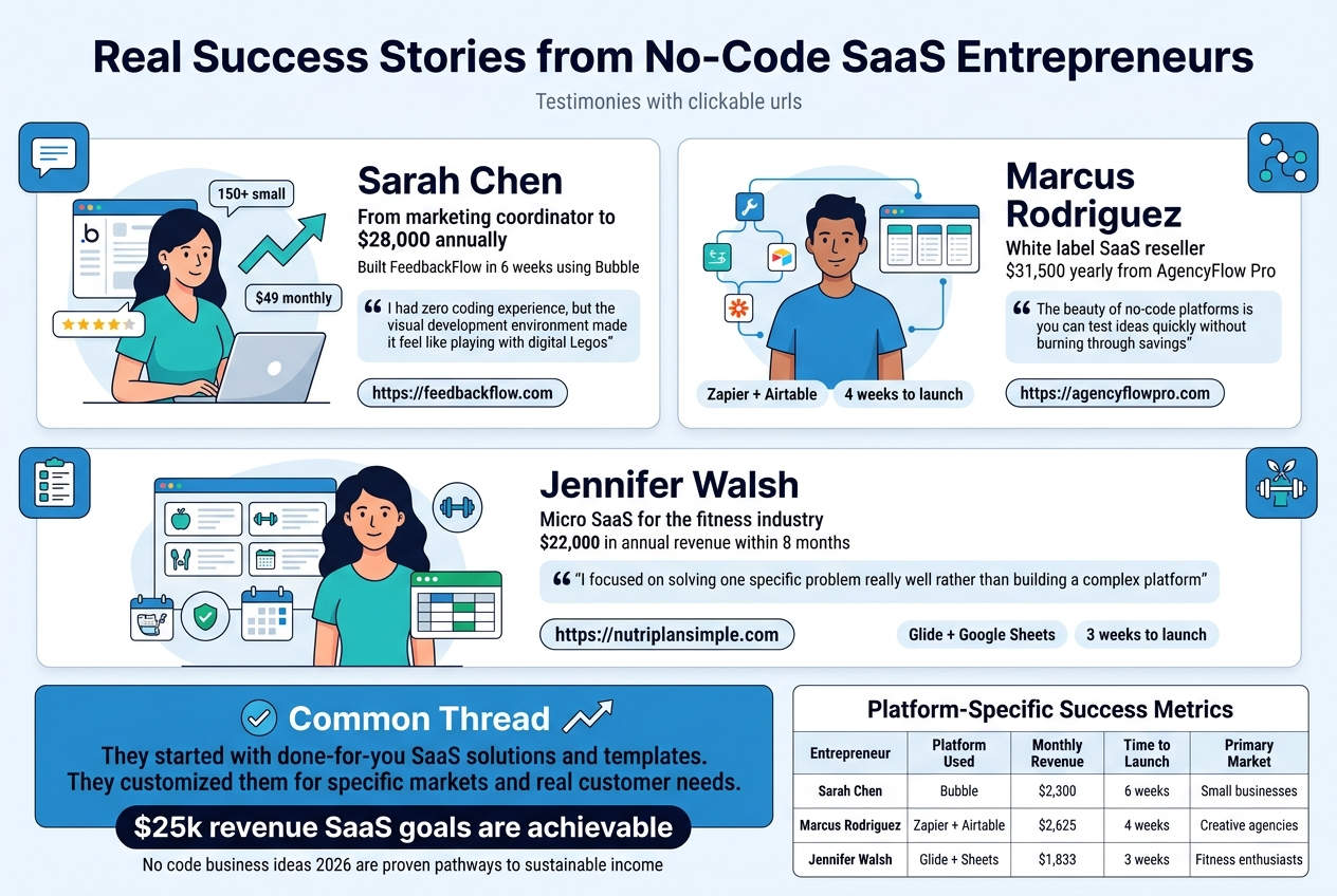 Create a clean, professional full-bleed infographic illustration in a 3:2 aspect ratio, with a modern SaaS startup style, white background, blue and teal accents, dark navy text, subtle gradients, crisp vector graphics, and strong visual hierarchy.

Top full-width header:
Large bold title centered at the top: “Real Success Stories from No-Code SaaS Entrepreneurs”
Small subtitle beneath in lighter text: “Testimonies with clickable urls”

Main layout: three wide horizontal feature blocks across the middle, arranged in a 2-row grid with the first two blocks side by side on the top row and the third block spanning the width below, avoiding a narrow vertical stack.

Block 1 on the upper left:
A friendly illustrated woman at a laptop with Bubble-style no-code interface elements, small customer feedback stars, and a growth arrow icon.
Headline: “Sarah Chen”
Supporting text:
“From marketing coordinator to $28,000 annually”
“Built FeedbackFlow in 6 weeks using Bubble”
Quote bubble: “I had zero coding experience, but the visual development environment made it feel like playing with digital Legos”
URL text in a pill-shaped button: “https://feedbackflow.com”
Small stat chips: “150+ small businesses” and “$49 monthly”

Block 2 on the upper right:
An illustrated man with workflow automation nodes, Airtable grid cards, and Zapier-style connected lines.
Headline: “Marcus Rodriguez”
Supporting text:
“White label SaaS reseller”
“$31,500 yearly from AgencyFlow Pro”
Quote bubble: “The beauty of no-code platforms is you can test ideas quickly without burning through savings”
URL text in a pill-shaped button: “https://agencyflowpro.com”
Small stat chips: “Zapier + Airtable” and “4 weeks to launch”

Block 3 across the lower middle:
An illustrated woman with a meal planning dashboard, fitness icons, calendar blocks, and Google Sheets cells.
Headline: “Jennifer Walsh”
Supporting text:
“Micro SaaS for the fitness industry”
“$22,000 in annual revenue within 8 months”
Quote bubble: “I focused on solving one specific problem really well rather than building a complex platform”
URL text in a pill-shaped button: “https://nutriplansimple.com”
Small stat chips: “Glide + Google Sheets” and “3 weeks to launch”

Bottom section spanning full width:
A bold banner with a checkmark icon and a simple upward trend line.
Heading: “Common Thread”
Centered text in two lines:
“They started with done-for-you SaaS solutions and templates.”
“They customized them for specific markets and real customer needs.”
Bold callout badge: “$25k revenue SaaS goals are achievable”
Small supporting line: “No code business ideas 2026 are proven pathways to sustainable income”

Bottom right or bottom strip: a compact comparison table with clear column headers and thin grid lines.
Table title: “Platform-Specific Success Metrics”
Columns: “Entrepreneur” | “Platform Used” | “Monthly Revenue” | “Time to Launch” | “Primary Market”
Rows:
“Sarah Chen” | “Bubble” | “$2,300” | “6 weeks” | “Small businesses”
“Marcus Rodriguez” | “Zapier + Airtable” | “$2,625” | “4 weeks” | “Creative agencies”
“Jennifer Walsh” | “Glide + Sheets” | “$1,833” | “3 weeks” | “Fitness enthusiasts”

Use clear icons beside each section: a feedback speech bubble for Sarah, connected automation nodes for Marcus, and a meal plan/fitness icon for Jennifer. Keep all text sharp, legible, evenly spaced, and aligned in wide professional infographic blocks.