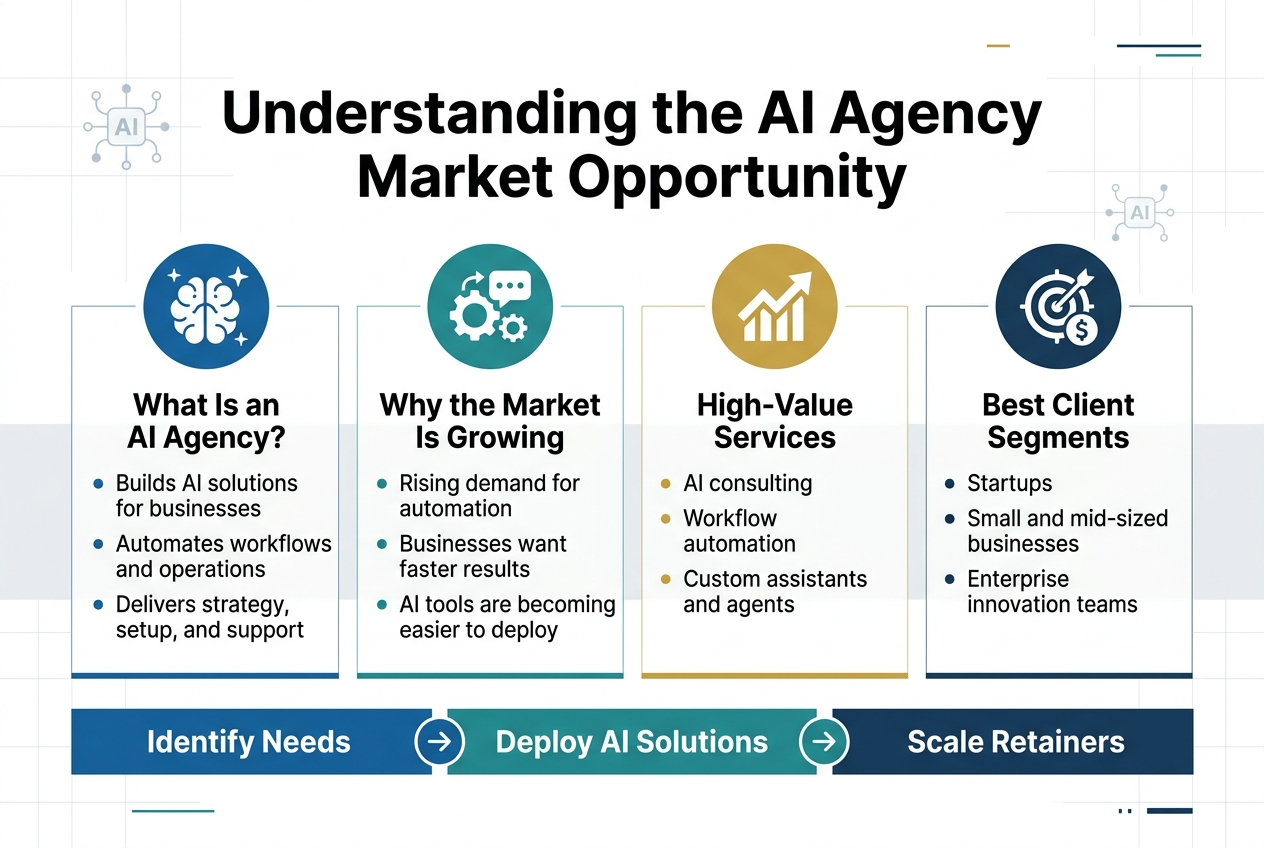 Create a full-bleed 3:2 landscape infographic with a clean modern business style, white background with deep blue, teal, and gold accents, using bold sans-serif typography and clear visual hierarchy.

Top center: large bold title text exactly: "Understanding the AI Agency Market Opportunity"

Below the title, arrange a wide 4-panel horizontal layout across the page, each panel with a colored icon, short heading, and 2–3 concise bullet points.

Left panel:
- Blue circular icon with a brain and sparkles
- Heading: "What Is an AI Agency?"
- Bullet points:
  "Builds AI solutions for businesses"
  "Automates workflows and operations"
  "Delivers strategy, setup, and support"

Second panel:
- Teal circular icon with gears and a chatbot bubble
- Heading: "Why the Market Is Growing"
- Bullet points:
  "Rising demand for automation"
  "Businesses want faster results"
  "AI tools are becoming easier to deploy"

Third panel:
- Gold circular icon with a chart arrow trending upward
- Heading: "High-Value Services"
- Bullet points:
  "AI consulting"
  "Workflow automation"
  "Custom assistants and agents"

Right panel:
- Dark blue circular icon with a target and dollar sign
- Heading: "Best Client Segments"
- Bullet points:
  "Startups"
  "Small and mid-sized businesses"
  "Enterprise innovation teams"

Bottom band spanning the full width: a simplified opportunity flow with three connected blocks and arrow icons between them:
"Identify Needs" → "Deploy AI Solutions" → "Scale Retainers"

Add subtle background elements: faint grid lines, small abstract AI nodes, minimal line accents, and clean section dividers. Use strong alignment, generous spacing, and a polished corporate infographic look.