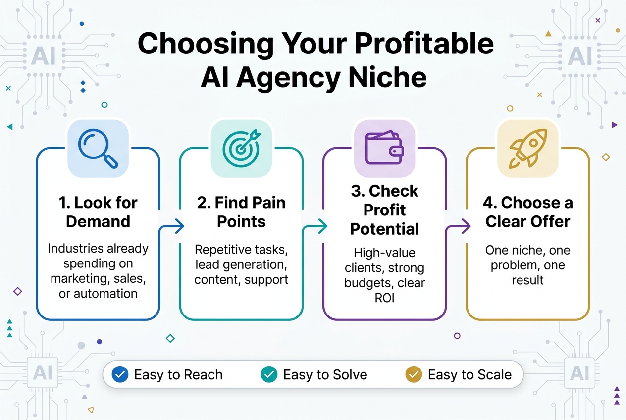 Full-bleed horizontal infographic in 3:2 aspect ratio, clean modern professional style, white background with blue, teal, purple, and gold accents. Large bold title at the top center: "Choosing Your Profitable AI Agency Niche". Use a sleek sans-serif font with strong hierarchy.

Across the middle, place 4 wide numbered sections in a left-to-right flow with arrows between them, each in a rounded rectangular block with a distinct icon:
1. Blue magnifying glass icon, heading: "1. Look for Demand" with short subtext: "Industries already spending on marketing, sales, or automation"
2. Teal target icon, heading: "2. Find Pain Points" with short subtext: "Repetitive tasks, lead generation, content, support"
3. Purple wallet icon, heading: "3. Check Profit Potential" with short subtext: "High-value clients, strong budgets, clear ROI"
4. Gold rocket icon, heading: "4. Choose a Clear Offer" with short subtext: "One niche, one problem, one result"

Add a slim bottom band with three checklist chips and small icons:
"Easy to Reach"
"Easy to Solve"
"Easy to Scale"

Include a subtle background pattern of AI nodes, circuit lines, and small geometric shapes. Use strong alignment, generous spacing, crisp typography, and clear visual hierarchy. No border frame, no poster mockup, no inset margins.