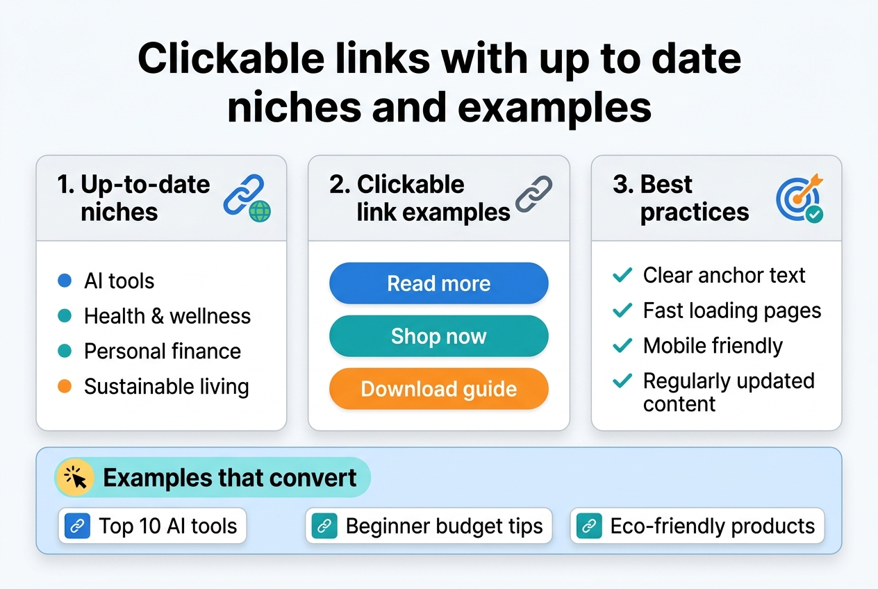 Full-bleed clean professional infographic, aspect ratio 3:2, modern flat vector style, bright white background with blue, teal, and orange accents, sans-serif font. Large bold heading at the top: "Clickable links with up to date niches and examples". Under the heading, a wide horizontal three-column layout with numbered cards.

Left card labeled "1. Up-to-date niches" with a blue link icon and a small globe icon. Inside the card, four bullet items with small colored dots:
"AI tools"
"Health & wellness"
"Personal finance"
"Sustainable living"

Middle card labeled "2. Clickable link examples" with a chain-link icon. Show three large pill-shaped button examples stacked horizontally inside the card:
"Read more"
"Shop now"
"Download guide"

Right card labeled "3. Best practices" with a target icon and checkmarks. Include four short lines:
"Clear anchor text"
"Fast loading pages"
"Mobile friendly"
"Regularly updated content"

Bottom wide banner across the full width with a highlighted callout and a cursor-click icon: "Examples that convert". Add three small preview link tiles in a row with label text:
"Top 10 AI tools"
"Beginner budget tips"
"Eco-friendly products"

Use strong visual hierarchy, bold section headers, rounded rectangles, subtle shadows, clean spacing, and aligned iconography. No frame, no border, no extra text.