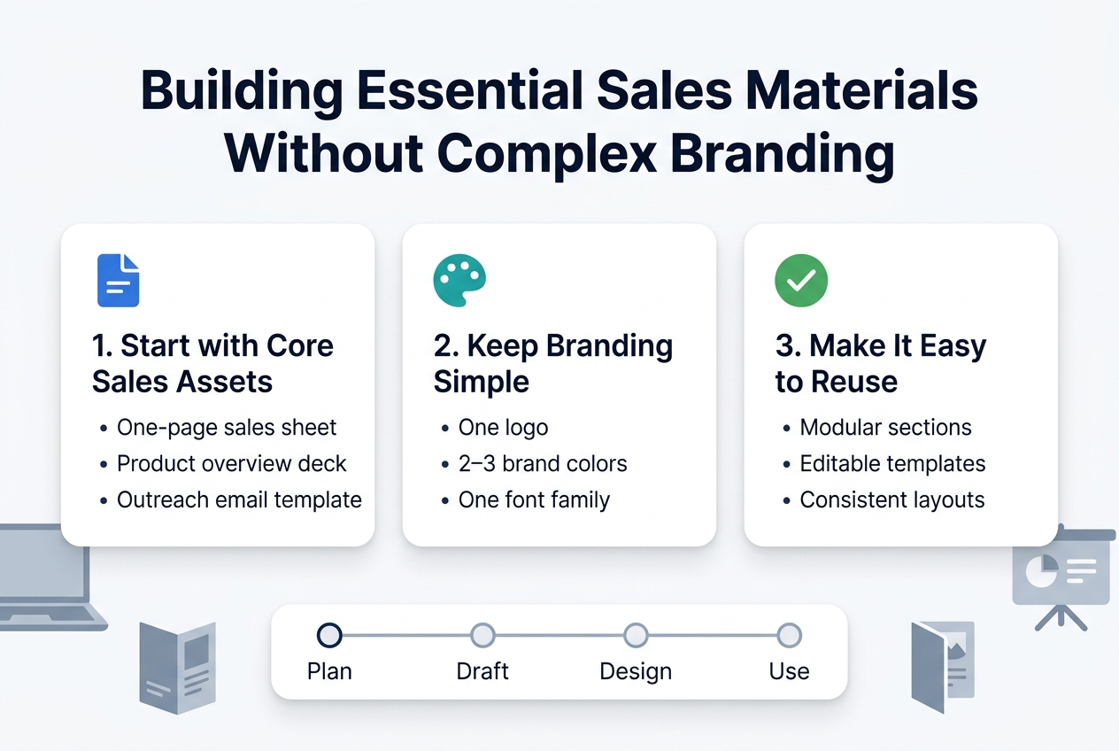 Create a clean professional infographic in a 3:2 landscape aspect ratio, full-bleed with no border, wide horizontal layout, white background with navy, teal, and light gray accents, modern sans-serif font.

Top center: bold large heading in dark navy text, exact title: "Building Essential Sales Materials Without Complex Branding"

Under the heading, arrange three wide side-by-side sections across the center of the canvas, each in a rounded rectangle card with subtle shadow and a simple icon at the top left of each card.

Left card: blue document icon. Title text: "1. Start with Core Sales Assets" with three short bullet points beneath:
"• One-page sales sheet"
"• Product overview deck"
"• Outreach email template"

Middle card: teal brand palette icon. Title text: "2. Keep Branding Simple" with three short bullet points beneath:
"• One logo"
"• 2–3 brand colors"
"• One font family"

Right card: green checkmark icon. Title text: "3. Make It Easy to Reuse" with three short bullet points beneath:
"• Modular sections"
"• Editable templates"
"• Consistent layouts"

Along the bottom in a wide horizontal strip, place a simple workflow with four small connected circles and labels beneath each circle, left to right:
"Plan"
"Draft"
"Design"
"Use"

Include subtle supporting visuals: a laptop, a brochure, and a presentation slide icon spaced lightly in the background on the lower left and lower right, all in muted gray-blue. Use strong visual hierarchy, crisp spacing, and clean alignment throughout.