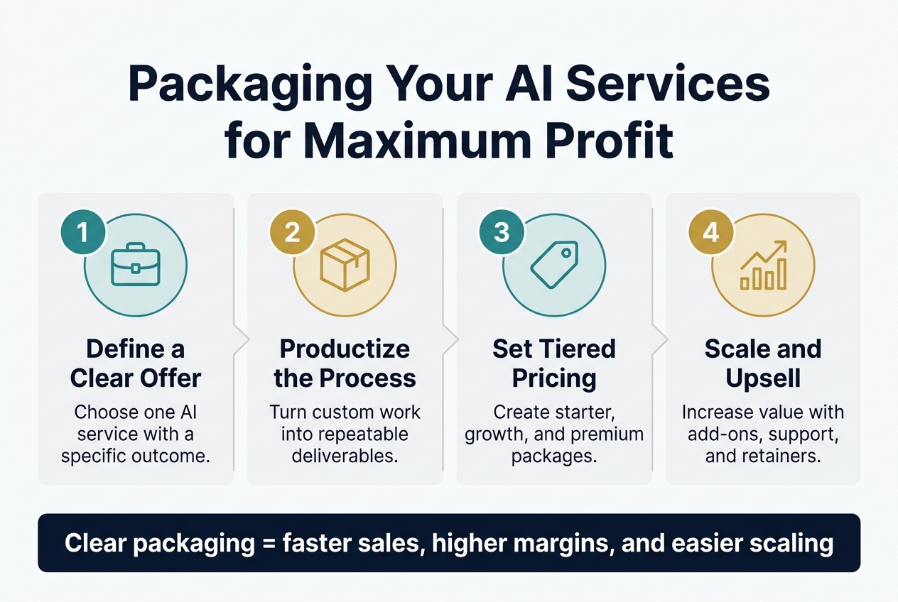 Create a clean, professional full-bleed infographic in a 3:2 aspect ratio, wide horizontal layout, with no inset border and no centered vertical stack. Use a modern sans-serif font, dark navy text, white background, teal and gold accent colors, and subtle light gray dividers.

Top center: large bold heading in dark navy text: "Packaging Your AI Services for Maximum Profit"

Below the heading, arrange four equal horizontal blocks across the page, each with a numbered circle icon and a simple flat icon.

Block 1 on the left: teal circle with the number "1" and a briefcase icon. Text title: "Define a Clear Offer". Smaller subtext: "Choose one AI service with a specific outcome."

Block 2: gold circle with the number "2" and a box/package icon. Text title: "Productize the Process". Smaller subtext: "Turn custom work into repeatable deliverables."

Block 3: teal circle with the number "3" and a price tag icon. Text title: "Set Tiered Pricing". Smaller subtext: "Create starter, growth, and premium packages."

Block 4 on the right: gold circle with the number "4" and an upward chart icon. Text title: "Scale and Upsell". Smaller subtext: "Increase value with add-ons, support, and retainers."

Along the bottom, place a wide highlighted banner in dark navy with white text: "Clear packaging = faster sales, higher margins, and easier scaling"

Use subtle arrows or connectors between the four blocks to show progression from left to right. Keep spacing balanced, with strong visual hierarchy and a polished corporate infographic style.