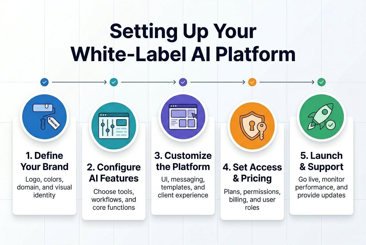 Create a full-bleed professional infographic in a 3:2 aspect ratio with a clean modern tech style, white background with deep blue and teal accents, subtle light-gray grid lines, and bold sans-serif typography.

Top center: large bold heading in dark navy text, exact text: "Setting Up Your White-Label AI Platform"

Below the heading, arrange five wide horizontal numbered sections across the canvas in a left-to-right workflow with connecting arrows. Use a balanced multi-column layout, not a narrow vertical stack.

Section 1 on the left: a blue circular icon with a paint roller and a small brand tag. Title text: "1. Define Your Brand". Small supporting text beneath: "Logo, colors, domain, and visual identity".

Section 2 next to it: a teal circular icon with sliders and a dashboard panel. Title text: "2. Configure AI Features". Small supporting text beneath: "Choose tools, workflows, and core functions".

Section 3 in the center: a purple circular icon with a screen layout and editable blocks. Title text: "3. Customize the Platform". Small supporting text beneath: "UI, messaging, templates, and client experience".

Section 4 next to it: an orange circular icon with a shield and key. Title text: "4. Set Access & Pricing". Small supporting text beneath: "Plans, permissions, billing, and user roles".

Section 5 on the right: a green circular icon with a rocket and checkmark. Title text: "5. Launch & Support". Small supporting text beneath: "Go live, monitor performance, and provide updates".

Add thin connecting arrows between each section, with small check markers above each step. Use clear hierarchy: large step titles, smaller subtext, icons above each title. Keep spacing clean, aligned, and premium. Include subtle shadowed cards behind each section for separation.