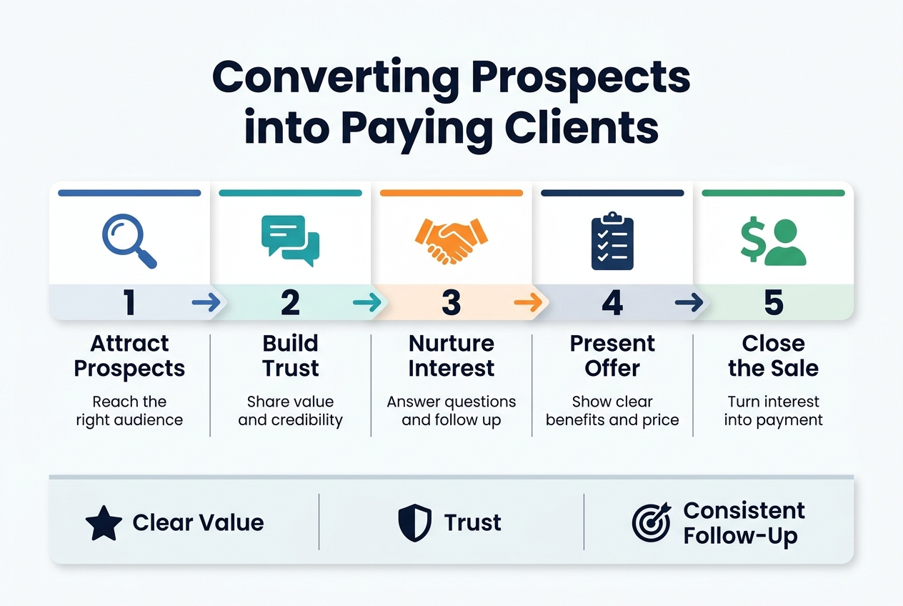 Create a full-bleed 3:2 landscape infographic illustration with a clean professional business style, white background, navy blue and teal color palette with orange accent highlights, modern sans-serif typography, and strong visual hierarchy.

Top center: large bold heading in dark navy text, exact text: "Converting Prospects into Paying Clients"

Below the heading, a wide horizontal 5-step conversion flow across the center of the canvas, using connected blocks or a left-to-right funnel pipeline with arrows between sections. Each section should have a clear number, an icon, a short label, and a brief supporting phrase.

Section 1 on the left: blue magnifying glass icon, number "1", label text: "Attract Prospects", smaller text: "Reach the right audience"
Section 2: teal chat bubble icon, number "2", label text: "Build Trust", smaller text: "Share value and credibility"
Section 3: orange handshake icon, number "3", label text: "Nurture Interest", smaller text: "Answer questions and follow up"
Section 4: dark blue checklist icon, number "4", label text: "Present Offer", smaller text: "Show clear benefits and price"
Section 5 on the right: green dollar sign and customer silhouette icon, number "5", label text: "Close the Sale", smaller text: "Turn interest into payment"

Under the flow, add a wide bottom strip with three compact benefit blocks spaced evenly across the width:
Left block with a star icon and text: "Clear Value"
Middle block with a shield icon and text: "Trust"
Right block with a target icon and text: "Consistent Follow-Up"

Use subtle dividing lines, rounded rectangles, soft shadows, and ample spacing. Keep the layout horizontal and balanced, with all text crisp and readable, no extra text, no border frame, no inset margins.