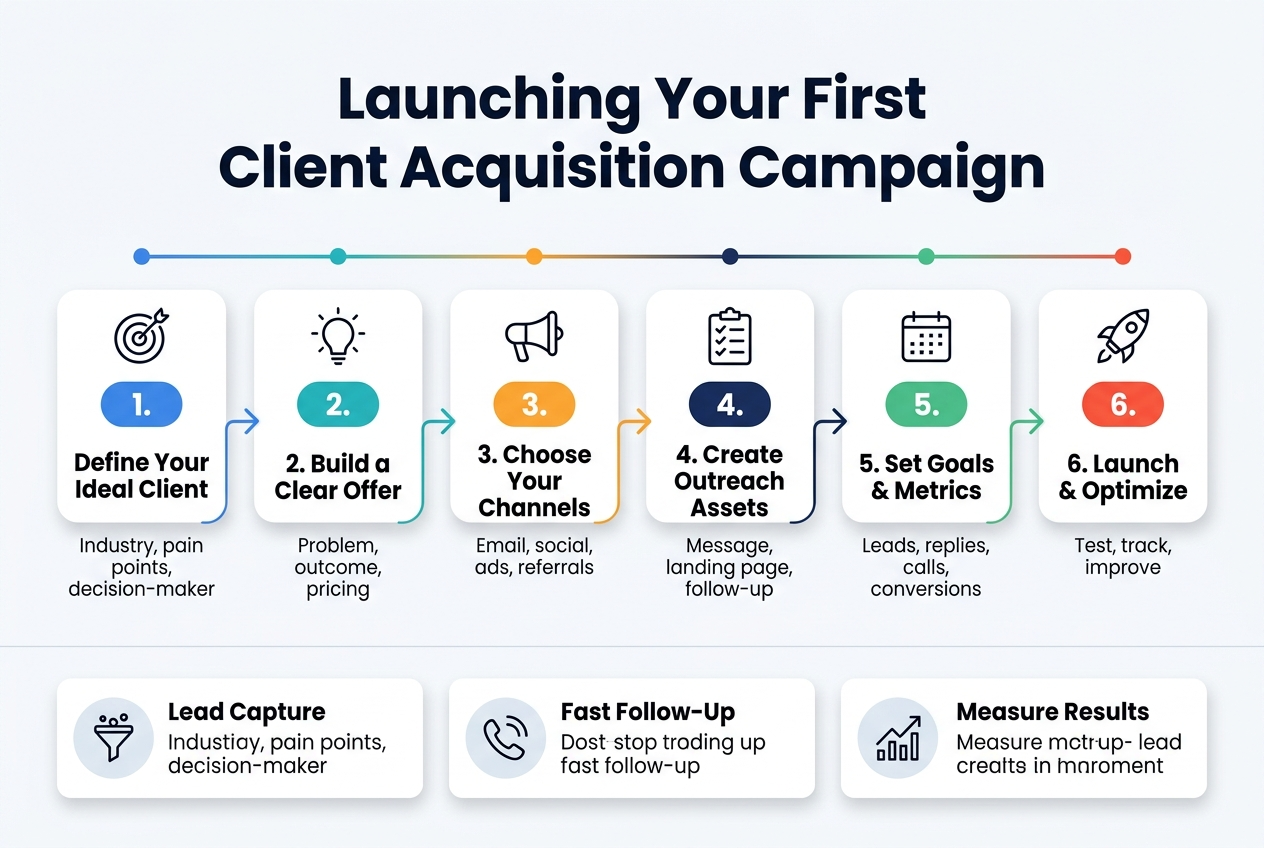 Full-bleed professional infographic, aspect ratio 3:2, modern clean flat design, white background with blue, teal, navy, and orange accents, bold sans-serif typography, clear visual hierarchy.

Top center large bold heading in dark navy: "Launching Your First Client Acquisition Campaign"

Below the heading, a wide horizontal 6-step process laid out left to right across the center of the canvas, each step inside a rounded rectangular block with a colored number badge, a simple icon, and a short label. Use arrows connecting each block.

1. Left block with a target icon and blue badge: "1. Define Your Ideal Client"  
Small subtext: "Industry, pain points, decision-maker"

2. Second block with a lightbulb and teal badge: "2. Build a Clear Offer"  
Small subtext: "Problem, outcome, pricing"

3. Third block with a megaphone and orange badge: "3. Choose Your Channels"  
Small subtext: "Email, social, ads, referrals"

4. Fourth block with a checklist and navy badge: "4. Create Outreach Assets"  
Small subtext: "Message, landing page, follow-up"

5. Fifth block with a calendar and green badge: "5. Set Goals & Metrics"  
Small subtext: "Leads, replies, calls, conversions"

6. Right block with a rocket icon and red badge: "6. Launch & Optimize"  
Small subtext: "Test, track, improve"

Bottom section spanning the width of the canvas, three smaller horizontal cards with icons and concise tips:
Left card with a funnel icon: "Lead Capture"
Center card with a phone icon: "Fast Follow-Up"
Right card with a chart-up icon: "Measure Results"

Place a thin progress line running behind the six main steps, with small dots between blocks. Use subtle shadows, rounded corners, balanced spacing, and a clean business presentation style. No borders, no poster frame, no inset margins.