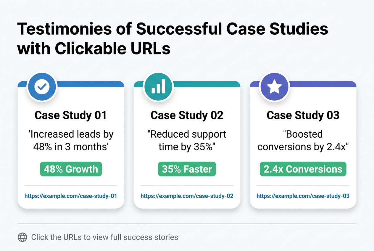 3:2 landscape infographic, full-bleed layout, clean professional corporate style, white background with blue and teal accents, modern sans-serif fonts, bold heading at top left: "Testimonies of Successful Case Studies with Clickable URLs"

Below the heading, a wide 3-column layout of three large rounded cards across the center, each with a colored header strip, a circular icon at top left, short testimonial text, a highlighted result metric, and a clickable URL line in blue.

Card 1 on the left: blue icon with a checkmark, title text: "Case Study 01", testimonial quote in dark gray: "Increased leads by 48% in 3 months", metric badge in green: "48% Growth", URL button text in blue: "https://example.com/case-study-01"

Card 2 in the center: teal icon with a bar chart, title text: "Case Study 02", testimonial quote in dark gray: "Reduced support time by 35%", metric badge in green: "35% Faster", URL button text in blue: "https://example.com/case-study-02"

Card 3 on the right: purple icon with a star, title text: "Case Study 03", testimonial quote in dark gray: "Boosted conversions by 2.4x", metric badge in green: "2.4x Conversions", URL button text in blue: "https://example.com/case-study-03"

Add a small footer strip along the bottom with a globe icon and text: "Click the URLs to view full success stories" in medium gray. Use subtle shadows, aligned spacing, clear hierarchy, and wide horizontal composition.