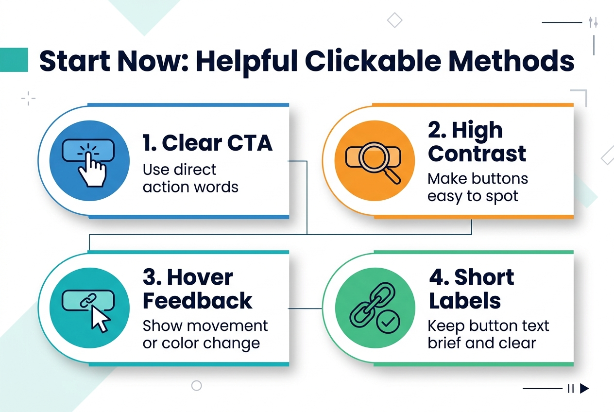 Full-bleed modern infographic illustration in a 3:2 aspect ratio, clean professional flat vector style, white background with teal, blue, orange, and dark navy accents, bold sans-serif typography. Large heading across the top: "Start Now: Helpful Clickable Methods". Below the heading, arrange four wide horizontal section blocks in a 2x2 grid with clear spacing and strong visual hierarchy. 

Section 1 on the upper left: a blue circular icon with a cursor hand clicking a button, title text "1. Clear CTA", and smaller text "Use direct action words". 
Section 2 on the upper right: an orange circular icon with a magnifying glass over a button, title text "2. High Contrast", and smaller text "Make buttons easy to spot". 
Section 3 on the lower left: a teal circular icon with a hover pointer and highlighted link, title text "3. Hover Feedback", and smaller text "Show movement or color change". 
Section 4 on the lower right: a green circular icon with a chain link and checkmark, title text "4. Short Labels", and smaller text "Keep button text brief and clear". 

Add thin connecting lines between the sections for flow, subtle shadows behind each block, minimal geometric background shapes, and simple UI-style markers. Keep the layout wide and balanced, with the heading at the top, sections centered across the full width, and no vertical poster frame.