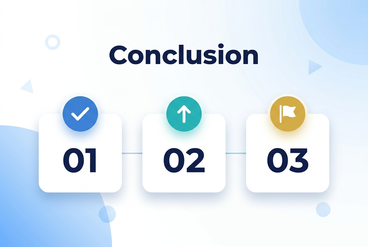 Full-bleed 3:2 landscape infographic, clean professional style, white background with soft blue gradient accents and subtle geometric shapes. Large bold heading at the top center in dark navy sans-serif text: "Conclusion". Below the heading, create a wide horizontal three-section layout across the middle of the canvas, with three rounded rectangular cards evenly spaced left to right. 

Left card: a blue circular icon with a white checkmark above a large number "01" in navy.
Center card: a teal circular icon with a white upward arrow above a large number "02" in navy.
Right card: a gold circular icon with a white flag above a large number "03" in navy.

Add thin connecting lines between the three cards to suggest flow and completion. Use subtle shadows, balanced spacing, and modern flat vector shapes. Keep the composition open and spacious with strong visual hierarchy, no poster frame, no inset margins.