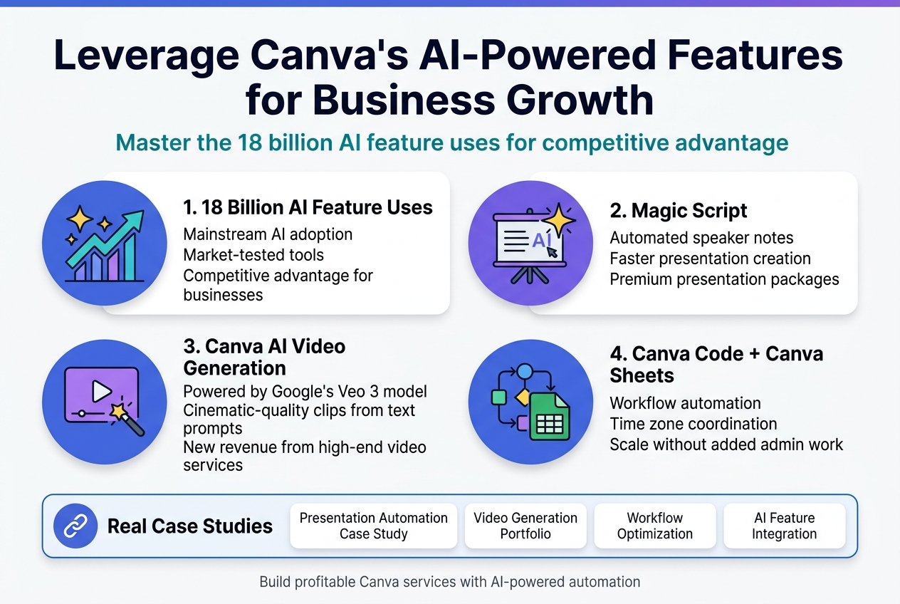 Create a clean, professional infographic in a full-bleed 3:2 landscape layout with a modern Canva-inspired style, white background with blue, purple, teal, and yellow accents, crisp sans-serif fonts, bold hierarchy, and wide horizontal sections instead of a centered vertical stack.

At the top, place a large bold heading in dark navy:
"Leverage Canva's AI-Powered Features for Business Growth"

Directly below the title, add a smaller subtitle in teal:
"Master the 18 billion AI feature uses for competitive advantage"

Use a wide 4-section layout across the middle of the design, each section in a rounded rectangle block with a matching icon and short text.

Section 1 on the upper left:
A large circular icon with sparkles and a rising graph.
Title text:
"1. 18 Billion AI Feature Uses"
Body text:
"Mainstream AI adoption"
"Market-tested tools"
"Competitive advantage for businesses"

Section 2 on the upper right:
A circular icon of a presentation screen with an AI spark.
Title text:
"2. Magic Script"
Body text:
"Automated speaker notes"
"Faster presentation creation"
"Premium presentation packages"

Section 3 on the lower left:
A circular icon of a video play button with a magic wand.
Title text:
"3. Canva AI Video Generation"
Body text:
"Powered by Google's Veo 3 model"
"Cinematic-quality clips from text prompts"
"New revenue from high-end video services"

Section 4 on the lower right:
A circular icon of connected workflow nodes and a spreadsheet grid.
Title text:
"4. Canva Code + Canva Sheets"
Body text:
"Workflow automation"
"Time zone coordination"
"Scale without added admin work"

Along the bottom, add a wide horizontal callout bar with a link icon and four small clickable-style cards or buttons. Include this exact heading:
"Real Case Studies"

Inside the four cards, use these exact labels:
"Presentation Automation Case Study"
"Video Generation Portfolio"
"Workflow Optimization"
"AI Feature Integration"

Add a small footer line in gray:
"Build profitable Canva services with AI-powered automation"

Use clear spacing, balanced alignment, subtle shadows, and polished infographic icons. Keep all text sharp, readable, and neatly aligned within the sections.