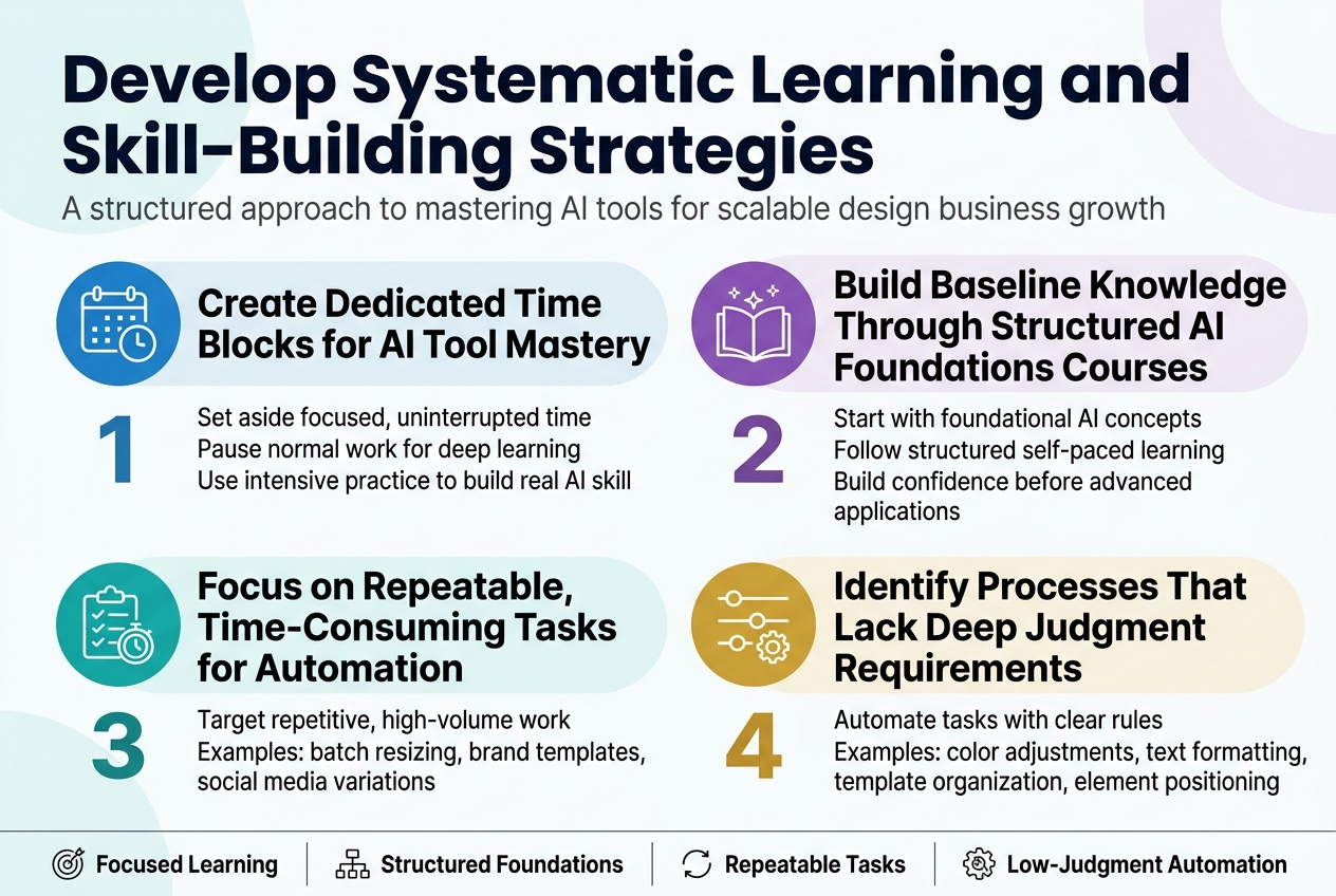Create a clean, professional full-bleed infographic in a 3:2 aspect ratio with a modern Canva-style design, white background, teal, blue, purple, and gold accents, bold sans-serif typography, strong hierarchy, and wide horizontal section layout.

Top header across the full width:
Large bold title in dark navy text: "Develop Systematic Learning and Skill-Building Strategies"
Small subtitle beneath in gray: "A structured approach to mastering AI tools for scalable design business growth"

Below the header, create four wide horizontal numbered sections arranged in a 2x2 grid across the page, each with a colored icon, bold subheading, and short body text.

Section 1 on the upper left:
Blue circular icon with a calendar and clock.
Number label: "1"
Bold subheading: "Create Dedicated Time Blocks for AI Tool Mastery"
Body text in 3 short lines:
"Set aside focused, uninterrupted time"
"Pause normal work for deep learning"
"Use intensive practice to build real AI skill"

Section 2 on the upper right:
Purple circular icon with a book and sparkles.
Number label: "2"
Bold subheading: "Build Baseline Knowledge Through Structured AI Foundations Courses"
Body text in 3 short lines:
"Start with foundational AI concepts"
"Follow structured self-paced learning"
"Build confidence before advanced applications"

Section 3 on the lower left:
Teal circular icon with a checklist and timer.
Number label: "3"
Bold subheading: "Focus on Repeatable, Time-Consuming Tasks for Automation"
Body text in 3 short lines:
"Target repetitive, high-volume work"
"Examples: batch resizing, brand templates,"
"social media variations"

Section 4 on the lower right:
Gold circular icon with sliders and a gear.
Number label: "4"
Bold subheading: "Identify Processes That Lack Deep Judgment Requirements"
Body text in 3 short lines:
"Automate tasks with clear rules"
"Examples: color adjustments, text formatting,"
"template organization, element positioning"

Add a thin horizontal strip along the bottom spanning the full width with four small icon callouts and short labels separated by dividers:
"Focused Learning" "Structured Foundations" "Repeatable Tasks" "Low-Judgment Automation"

Use subtle background shapes, clean spacing, crisp line icons, and a polished business infographic style. No borders or poster frame. Ensure all text is sharp, readable, and exactly as written.