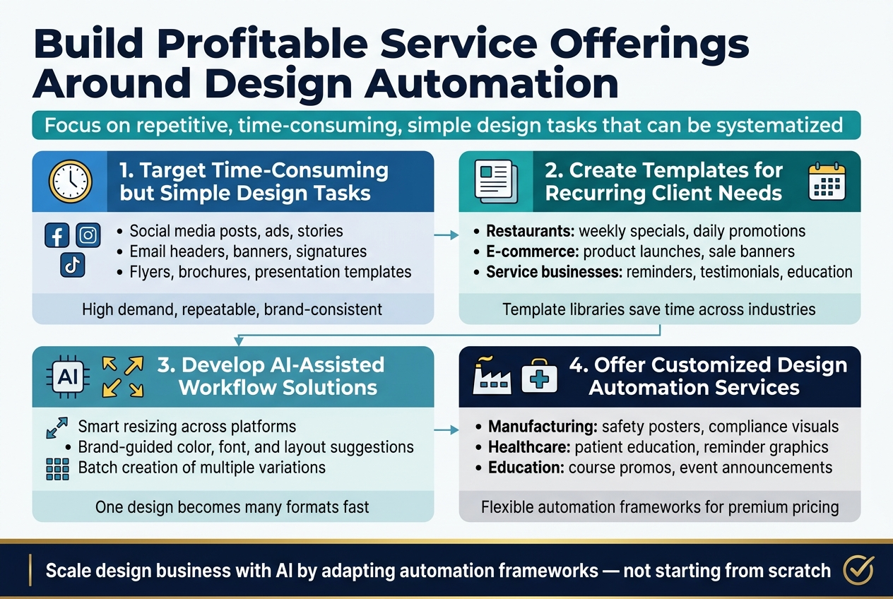Create a full-bleed 3:2 landscape infographic in a clean modern business style, with a white background, deep navy headings, teal and blue accent panels, and small yellow highlight details. Use bold sans-serif typography with strong visual hierarchy.

Top across the full width: large bold title text in dark navy, centered-left:
"Build Profitable Service Offerings Around Design Automation"

Directly under the title, add a thin teal subtitle bar with the text:
"Focus on repetitive, time-consuming, simple design tasks that can be systematized"

Main layout: a wide 2-row, 4-section grid with icons and short text blocks, using horizontal panels instead of a vertical stack.

Section 1 on the upper left: a blue panel with a clock and social media icons.
Heading:
"1. Target Time-Consuming but Simple Design Tasks"
Bullet text:
"Social media posts, ads, stories"
"Email headers, banners, signatures"
"Flyers, brochures, presentation templates"
Small caption line:
"High demand, repeatable, brand-consistent"

Section 2 on the upper right: a teal panel with template and calendar icons.
Heading:
"2. Create Templates for Recurring Client Needs"
Bullet text:
"Restaurants: weekly specials, daily promotions"
"E-commerce: product launches, sale banners"
"Service businesses: reminders, testimonials, education"
Small caption line:
"Template libraries save time across industries"

Section 3 on the lower left: a blue-green panel with AI, resize arrows, and grid icons.
Heading:
"3. Develop AI-Assisted Workflow Solutions"
Bullet text:
"Smart resizing across platforms"
"Brand-guided color, font, and layout suggestions"
"Batch creation of multiple variations"
Small caption line:
"One design becomes many formats fast"

Section 4 on the lower right: a navy panel with industry icons for factory, healthcare cross, and graduation cap.
Heading:
"4. Offer Customized Design Automation Services"
Bullet text:
"Manufacturing: safety posters, compliance visuals"
"Healthcare: patient education, reminder graphics"
"Education: course promos, event announcements"
Small caption line:
"Flexible automation frameworks for premium pricing"

Bottom band across the full width: a bold navy statement box with a gold accent line and a checkmark icon.
Text:
"Scale design business with AI by adapting automation frameworks — not starting from scratch"

Add subtle connector arrows or lines linking the four sections to show a workflow from left to right. Use minimal flat illustrations, crisp spacing, rounded cards, and clear iconography. No extra text beyond the quoted wording.