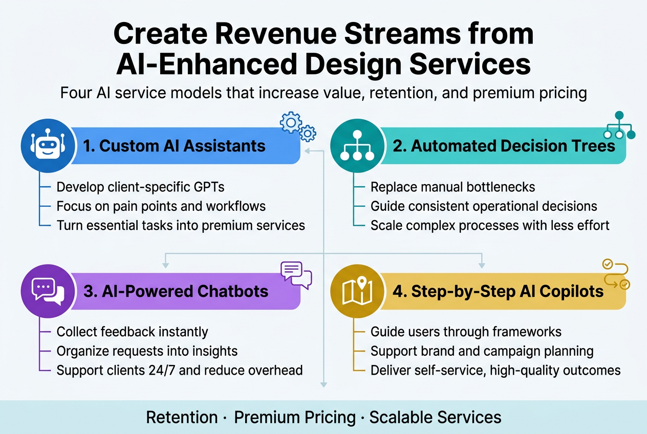 Create a clean, professional full-bleed infographic in a 3:2 aspect ratio with a modern Canva-style aesthetic, white background with blue, teal, purple, and gold accents, bold sans-serif typography, clear visual hierarchy, and wide horizontal sectioning.

Top center large bold heading text: "Create Revenue Streams from AI-Enhanced Design Services"

Directly beneath the title, place a short subtitle line in smaller text: "Four AI service models that increase value, retention, and premium pricing"

Use a wide 2x2 grid of four large horizontal content blocks across the middle and lower area, each with a numbered circle icon, a matching symbol, a bold section title, and 2–3 short supporting lines.

Block 1, upper left:
Blue circle with a robot/assistant icon.
Title: "1. Custom AI Assistants"
Body text:
"Develop client-specific GPTs"
"Focus on pain points and workflows"
"Turn essential tasks into premium services"

Block 2, upper right:
Teal circle with a decision tree icon.
Title: "2. Automated Decision Trees"
Body text:
"Replace manual bottlenecks"
"Guide consistent operational decisions"
"Scale complex processes with less effort"

Block 3, lower left:
Purple circle with a chat bubble icon.
Title: "3. AI-Powered Chatbots"
Body text:
"Collect feedback instantly"
"Organize requests into insights"
"Support clients 24/7 and reduce overhead"

Block 4, lower right:
Gold circle with a copilot/map icon.
Title: "4. Step-by-Step AI Copilots"
Body text:
"Guide users through frameworks"
"Support brand and campaign planning"
"Deliver self-service, high-quality outcomes"

Add a slim bottom banner across the full width with three short benefit keywords separated by dots:
"Retention · Premium Pricing · Scalable Services"

Use subtle connecting lines or arrows between the four blocks to show a connected revenue system. Include small supporting symbols near each block: gears for workflow, branch nodes for decision trees, message bubbles for feedback, and a checklist path for guided frameworks. Keep spacing balanced, text crisp and legible, and avoid any vertical poster layout.