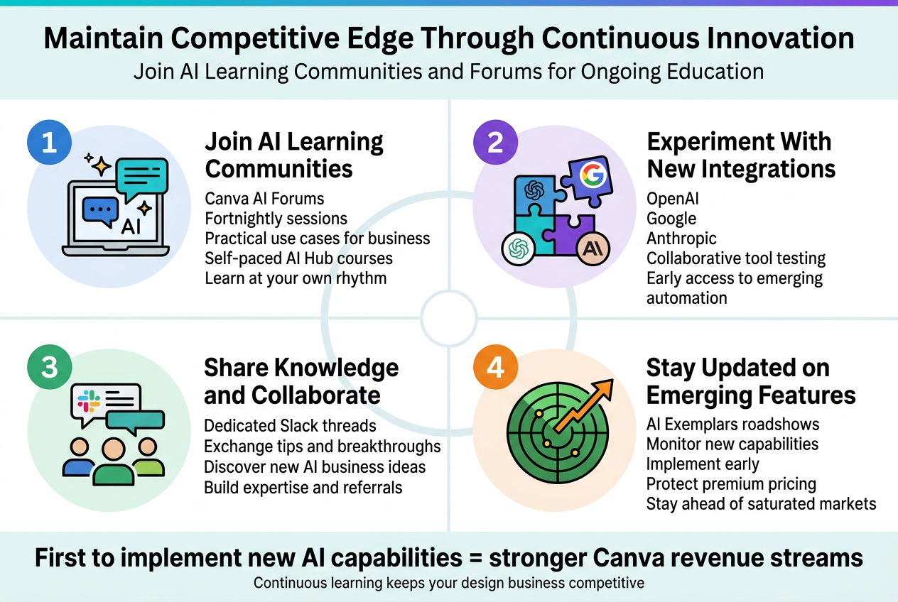 Create a full-bleed professional infographic in a 3:2 aspect ratio, with a clean modern tech style, white background with teal, blue, purple, and green accents, and bold sans-serif typography.

Top header across the full width:
- Large bold title centered: "Maintain Competitive Edge Through Continuous Innovation"
- Smaller subtitle beneath it: "Join AI Learning Communities and Forums for Ongoing Education"

Main layout: four wide horizontal sections arranged in a 2x2 grid across the page, each with a numbered circle, a simple icon, a bold section heading, and short supporting text.

Section 1, top left:
- Blue numbered circle "1"
- Icon: laptop with chat bubbles and AI sparkles
- Heading: "Join AI Learning Communities"
- Body text: "Canva AI Forums"
  "Fortnightly sessions"
  "Practical use cases for business"
  "Self-paced AI Hub courses"
  "Learn at your own rhythm"

Section 2, top right:
- Purple numbered circle "2"
- Icon: connected puzzle pieces with partner logos
- Heading: "Experiment With New Integrations"
- Body text: "OpenAI"
  "Google"
  "Anthropic"
  "Collaborative tool testing"
  "Early access to emerging automation"

Section 3, bottom left:
- Green numbered circle "3"
- Icon: people in a Slack-style chat workspace
- Heading: "Share Knowledge and Collaborate"
- Body text: "Dedicated Slack threads"
  "Exchange tips and breakthroughs"
  "Discover new AI business ideas"
  "Build expertise and referrals"

Section 4, bottom right:
- Orange numbered circle "4"
- Icon: radar screen with an upward trending arrow
- Heading: "Stay Updated on Emerging Features"
- Body text: "AI Exemplars roadshows"
  "Monitor new capabilities"
  "Implement early"
  "Protect premium pricing"
  "Stay ahead of saturated markets"

Add a subtle central connecting line or circular flow graphic linking all four sections, emphasizing continuous innovation and learning.

Bottom footer strip across the full width:
- Bold callout text: "First to implement new AI capabilities = stronger Canva revenue streams"
- Small supporting text: "Continuous learning keeps your design business competitive"

Use crisp icon outlines, balanced spacing, strong visual hierarchy, and a polished corporate infographic look.