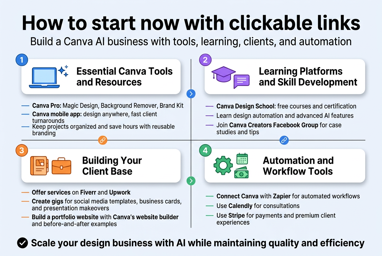 Create a clean, modern full-bleed infographic in a 3:2 aspect ratio with a white background, Canva-inspired blue and purple accents, and bold sans-serif typography. Place a large bold headline at the top spanning the width: "How to start now with clickable links". Add a smaller subtitle beneath it: "Build a Canva AI business with tools, learning, clients, and automation".

Use a wide, structured 2x2 layout of four large horizontal sections with clear numbered circles and matching icons:

1. Top-left section with a blue laptop and sparkle icon, heading: "Essential Canva Tools and Resources"
   Include 3 short bullet lines:
   "Canva Pro: Magic Design, Background Remover, Brand Kit"
   "Canva mobile app: design anywhere, fast client turnarounds"
   "Keep projects organized and save hours with reusable branding"

2. Top-right section with a purple graduation cap and chat icon, heading: "Learning Platforms and Skill Development"
   Include 3 short bullet lines:
   "Canva Design School: free courses and certification"
   "Learn design automation and advanced AI features"
   "Join Canva Creators Facebook Group for case studies and tips"

3. Bottom-left section with an orange portfolio and briefcase icon, heading: "Building Your Client Base"
   Include 3 short bullet lines:
   "Offer services on Fiverr and Upwork"
   "Create gigs for social media templates, business cards, and presentation makeovers"
   "Build a portfolio website with Canva’s website builder and before-and-after examples"

4. Bottom-right section with a green gear, calendar, and payment icon cluster, heading: "Automation and Workflow Tools"
   Include 3 short bullet lines:
   "Connect Canva with Zapier for automated workflows"
   "Use Calendly for consultations"
   "Use Stripe for payments and premium client experiences"

At the bottom, add a bold concluding banner with a checkmark icon and the text:
"Scale your design business with AI while maintaining quality and efficiency"

Use clear section dividers, subtle shadows, rounded rectangles, and simple arrow or link motifs to emphasize clickable links. Keep the layout airy, professional, and easy to scan, with all text crisp and fully readable.