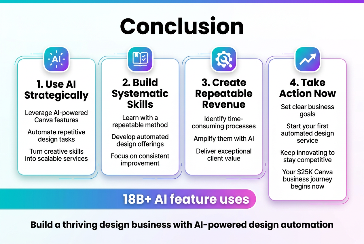 Aspect ratio 3:2, full-bleed modern infographic illustration with a clean professional tech-design style, white background with Canva-inspired gradient accents in teal, blue, purple, and pink, bold sans-serif typography.

Top center: large bold heading text: "Conclusion"

Below the heading, arrange a wide 3-column horizontal layout with 4 main content blocks and clear icon markers:

Left large block with a glowing AI spark icon and bold subheading text: "1. Use AI Strategically"
Under it, smaller text in 3 short lines:
"Leverage AI-powered Canva features"
"Automate repetitive design tasks"
"Turn creative skills into scalable services"

Center-left block with a book/checklist icon and bold subheading text: "2. Build Systematic Skills"
Under it, smaller text in 3 short lines:
"Learn with a repeatable method"
"Develop automated design offerings"
"Focus on consistent improvement"

Center-right block with a gear/automation icon and bold subheading text: "3. Create Repeatable Revenue"
Under it, smaller text in 3 short lines:
"Identify time-consuming processes"
"Amplify them with AI"
"Deliver exceptional client value"

Right large block with an upward growth arrow and bold subheading text: "4. Take Action Now"
Under it, smaller text in 4 short lines:
"Set clear business goals"
"Start your first automated design service"
"Keep innovating to stay competitive"
"Your $25K Canva business journey begins now"

Bottom wide banner across the full width with a bold statistic in a highlighted pill shape:
"18B+ AI feature uses"

Add a final callout line near the bottom center in bold:
"Build a thriving design business with AI-powered design automation"

Use subtle motion lines, soft shadows, and rounded cards for each block, with ample spacing, crisp alignment, and strong visual hierarchy. No photo-realistic people, no clutter, no frame border.