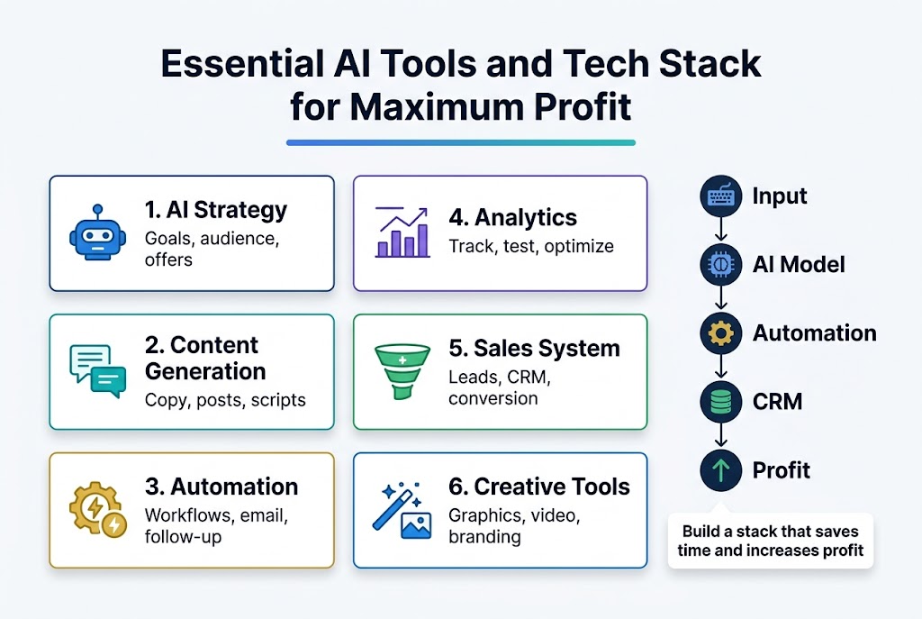 Wide full-bleed 3:2 infographic illustration, clean modern professional style, bright white background with deep navy, teal, blue, and gold accents, crisp sans-serif typography, strong visual hierarchy. Large bold heading across the top center: "Essential AI Tools and Tech Stack for Maximum Profit". Below the heading, a horizontal 3-column layout with 6 labeled blocks and clear icons, evenly spaced across the canvas, avoiding a narrow vertical stack.

Top section: a thin accent bar in gradient blue-to-teal under the title.

Left column, top block: a blue robot head icon and the label "1. AI Strategy" with smaller text beneath: "Goals, audience, offers".  
Left column, middle block: a teal chat bubble and document icon and the label "2. Content Generation" with smaller text: "Copy, posts, scripts".  
Left column, bottom block: a gold automation gear and lightning icon and the label "3. Automation" with smaller text: "Workflows, email, follow-up".

Center column, top block: a purple analytics chart icon and the label "4. Analytics" with smaller text: "Track, test, optimize".  
Center column, middle block: a green CRM pipeline icon and the label "5. Sales System" with smaller text: "Leads, CRM, conversion".  
Center column, bottom block: a blue design wand and image icon and the label "6. Creative Tools" with smaller text: "Graphics, video, branding".

Right side: a vertical “tech stack” flow diagram with connected nodes and arrows, labeled from top to bottom: "Input", "AI Model", "Automation", "CRM", "Profit". Use matching icons for each node: keyboard, brain chip, gear, database, upward arrow. Add a small callout box near the bottom right with bold text: "Build a stack that saves time and increases profit".

Use clean rectangular cards with subtle shadows, rounded corners, and thin colored outlines. Keep all text sharp and legible. Place icons to the left of each block title. Maintain wide spacing and balanced symmetry across the full canvas.