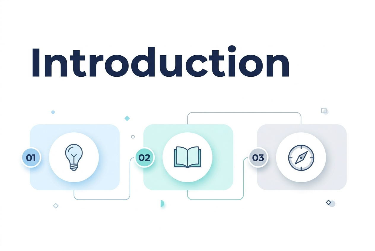 Full-bleed clean professional infographic in 3:2 aspect ratio, modern flat vector style, white background with soft blue and teal accents, subtle gradient highlights, no frame, no margins. Large bold heading at the top left: "Introduction" in dark navy sans-serif font. Across the lower two-thirds, arrange three wide horizontal blocks in a balanced three-column layout from left to right, each with a large circular icon and a numbered marker: "01" with a lightbulb icon, "02" with an open book icon, "03" with a compass icon. Use rounded rectangles for each block, alternating very light blue, very light teal, and very light gray fills. Include thin connecting lines between the three blocks for flow. Add small decorative geometric shapes and soft shadowing for depth. Keep the composition spacious, organized, and minimal, with the title clearly dominant and all text limited to "Introduction", "01", "02", and "03".
