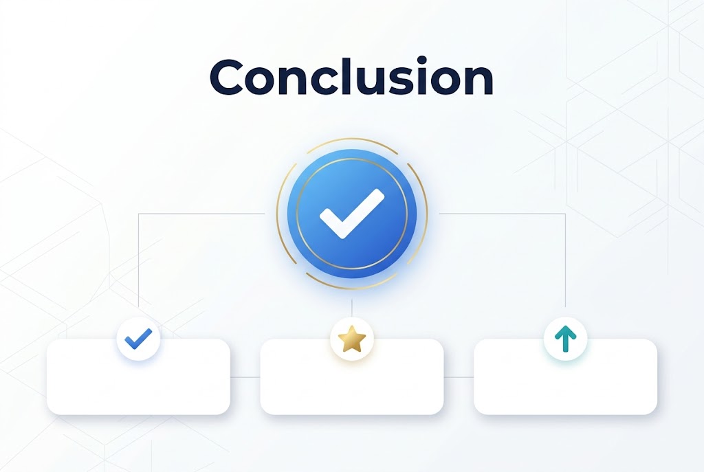 Create a clean professional full-bleed infographic illustration in a 3:2 aspect ratio with a modern white background and subtle light-gray geometric pattern.

Top center: a large bold heading in dark navy sans-serif text that says "Conclusion".

Center area: a large circular blue gradient emblem with a white checkmark inside, surrounded by thin gold accent lines and soft glow.

Across the lower half, place three wide horizontal rounded rectangles in a 3-column layout, evenly spaced from left to right, each with a small icon centered above it:
- Left block: a blue checkmark icon
- Middle block: a gold star icon
- Right block: a teal upward arrow icon

Use clean minimal styling, soft shadows, and balanced spacing. Add thin divider lines connecting the three blocks to the central checkmark emblem. Keep the layout wide and uncluttered, with strong visual hierarchy and no extra text beyond the title "Conclusion".