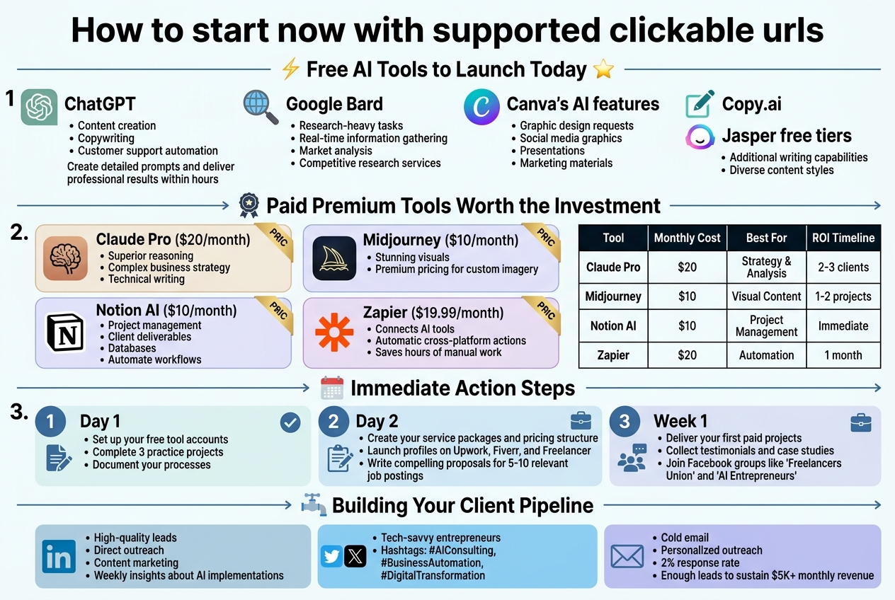 Create a clean, professional full-bleed infographic in 3:2 aspect ratio with a modern tech-business style, wide horizontal layout, no frame, no inset margins, and no narrow centered stack. Use a white background with blue, teal, purple, and gold accent colors, bold sans-serif typography, clear hierarchy, and simple flat icons.

Top header across the full width:
"How to start now with supported clickable urls"
Subtitle beneath in smaller text:
"Free AI Tools to Launch Today"

Main layout: three wide horizontal sections stacked vertically, each section split into 2–3 columns with icons and short text blocks.

Section 1 on the upper left and center:
Title with a small lightning icon:
"Free AI Tools to Launch Today"
Include four tool blocks with icons:
1. A chat bubble icon next to "ChatGPT" with text:
"Content creation"
"Copywriting"
"Customer support automation"
"Create detailed prompts and deliver professional results within hours"
2. A search and globe icon next to "Google Bard" with text:
"Research-heavy tasks"
"Real-time information gathering"
"Market analysis"
"Competitive research services"
3. A design palette icon next to "Canva's AI features" with text:
"Graphic design requests"
"Social media graphics"
"Presentations"
"Marketing materials"
4. A writing pen icon next to "Copy.ai" and "Jasper free tiers" with text:
"Additional writing capabilities"
"Diverse content styles"

Section 2 across the middle:
Title with a premium badge icon:
"Paid Premium Tools Worth the Investment"
Place four premium cards in a two-by-two grid with pricing tags:
1. A brain icon next to "Claude Pro ($20/month)" with text:
"Superior reasoning"
"Complex business strategy"
"Technical writing"
2. A glowing image icon next to "Midjourney ($10/month)" with text:
"Stunning visuals"
"Premium pricing for custom imagery"
3. A notebook and workflow icon next to "Notion AI ($10/month)" with text:
"Project management"
"Client deliverables"
"Databases"
"Automate workflows"
4. A connected nodes icon next to "Zapier ($19.99/month)" with text:
"Connects AI tools"
"Automatic cross-platform actions"
"Saves hours of manual work"

Include a compact comparison table at the right side of this section with clean grid lines and dark text:
Headers:
"Tool | Monthly Cost | Best For | ROI Timeline"
Rows:
"Claude Pro | $20 | Strategy & Analysis | 2-3 clients"
"Midjourney | $10 | Visual Content | 1-2 projects"
"Notion AI | $10 | Project Management | Immediate"
"Zapier | $20 | Automation | 1 month"

Section 3 along the lower half:
Title with a calendar icon:
"Immediate Action Steps"
Create three numbered horizontal blocks with step icons:
1. "Day 1"
"Set up your free tool accounts"
"Complete 3 practice projects"
"Document your processes"
2. "Day 2"
"Create your service packages and pricing structure"
"Launch profiles on Upwork, Fiverr, and Freelancer"
"Write compelling proposals for 5-10 relevant job postings"
3. "Week 1"
"Deliver your first paid projects"
"Collect testimonials and case studies"
"Join Facebook groups like 'Freelancers Union' and 'AI Entrepreneurs'"

Bottom section spanning the width:
Title with a pipeline icon:
"Building Your Client Pipeline"
Show three wide blocks with platform icons:
1. LinkedIn logo-style icon and text:
"High-quality leads"
"Direct outreach"
"Content marketing"
"Weekly insights about AI implementations"
2. Twitter/X icon and text:
"Tech-savvy entrepreneurs"
"Hashtags: #AIConsulting, #BusinessAutomation, #DigitalTransformation"
3. Envelope icon and text:
"Cold email"
"Personalized outreach"
"2% response rate"
"Enough leads to sustain $5K+ monthly revenue"

Add subtle arrows connecting the sequence from free tools to premium tools to action steps to client pipeline. Use small supporting icons throughout: checkmarks, arrows, stars, briefcases, chat bubbles, and workflow nodes. Keep all text crisp, legible, and exactly as written.