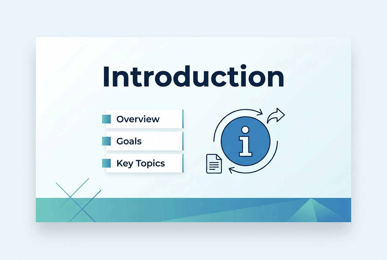 Full-bleed 3:2 infographic cover slide, clean professional modern design, wide horizontal layout. Large bold heading at the top center with exact text: "Introduction". Use a sans-serif font, dark navy text on a light white or very pale blue background. Add a subtle gradient band across the lower third in teal and blue with simple geometric shapes. Place a large simple icon cluster in the center-right: a blue circular icon with a white information symbol, a small document icon, and a minimal arrow or line motif. On the left-center, include a short stacked section with three labeled blocks using only the text: "Overview", "Goals", "Key Topics". Each block should have a small colored square marker and a thin divider line. Use a clean corporate style, balanced spacing, and clear visual hierarchy. No vertical poster frame, no inset border, no extra text.