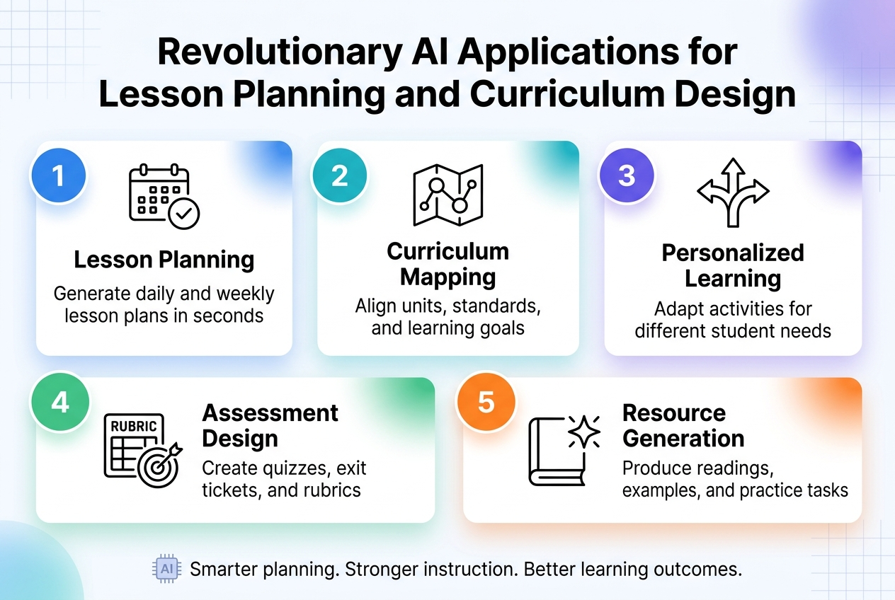 Create a full-bleed 3:2 infographic illustration with a clean modern education-tech style. Use a white background with blue, teal, and purple accents, subtle grid patterns, and soft gradient shapes. Place a bold top heading across the full width in large sans-serif text: "Revolutionary AI Applications for Lesson Planning and Curriculum Design". 

Below the heading, arrange five wide horizontal content blocks in a two-row layout: three blocks on the top row and two larger blocks on the bottom row, using clear spacing and strong visual hierarchy. Each block should have a colored numbered circle icon on the left and a simple line icon, with short label text and one brief supporting line.

Block 1 at upper left: blue circle with "1" and a calendar/checklist icon. Text: "Lesson Planning" and "Generate daily and weekly lesson plans in seconds".

Block 2 at upper center: teal circle with "2" and a connected-standards map icon. Text: "Curriculum Mapping" and "Align units, standards, and learning goals".

Block 3 at upper right: purple circle with "3" and a branching arrows icon. Text: "Personalized Learning" and "Adapt activities for different student needs".

Block 4 at lower left, wide block: green circle with "4" and a rubric/target icon. Text: "Assessment Design" and "Create quizzes, exit tickets, and rubrics".

Block 5 at lower right, wide block: orange circle with "5" and a book plus spark icon. Text: "Resource Generation" and "Produce readings, examples, and practice tasks".

Add a small bottom banner spanning the width with a subtle AI chip icon and the text: "Smarter planning. Stronger instruction. Better learning outcomes." Use bold section titles, smaller body text, crisp icons, and a polished infographic layout with no frame border.