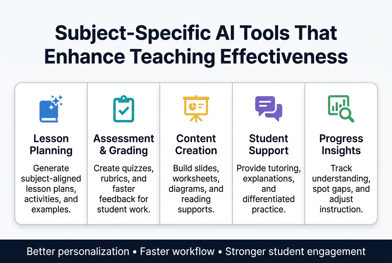 3:2 landscape infographic, full-bleed clean professional layout, modern education-tech style, white background with blue, teal, and warm yellow accents, sans-serif fonts, strong visual hierarchy.

Top center: large bold heading in dark navy text, exact text: "Subject-Specific AI Tools That Enhance Teaching Effectiveness"

Below the heading, a wide 5-panel horizontal grid across the page, each panel with a colored icon, short subheading, and 1–2 concise lines of text. Use clear section dividers, rounded rectangles, and subtle shadows.

Panel 1, left side: blue book-and-spark icon. Subheading text: "Lesson Planning". Body text: "Generate subject-aligned lesson plans, activities, and examples."

Panel 2: teal clipboard-and-check icon. Subheading text: "Assessment & Grading". Body text: "Create quizzes, rubrics, and faster feedback for student work."

Panel 3: yellow presentation-screen icon. Subheading text: "Content Creation". Body text: "Build slides, worksheets, diagrams, and reading supports."

Panel 4: purple chat-bubble icon. Subheading text: "Student Support". Body text: "Provide tutoring, explanations, and differentiated practice."

Panel 5, right side: green chart-and-magnifier icon. Subheading text: "Progress Insights". Body text: "Track understanding, spot gaps, and adjust instruction."

Bottom strip spanning full width: a slim dark navy banner with white text, exact text: "Better personalization • Faster workflow • Stronger student engagement"

Use balanced spacing, wide horizontal composition, crisp icons, readable typography, and a polished infographic style.