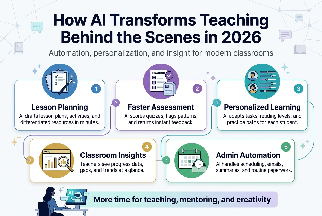 Create a full-bleed 3:2 infographic illustration with a clean modern editorial style, white background with teal, blue, purple, and gold accents, crisp sans-serif fonts, subtle gradients, and clear visual hierarchy.

Top center: large bold heading in dark navy text, exact text: "How AI Transforms Teaching Behind the Scenes in 2026"
Below the heading, add a smaller subtitle in medium gray: "Automation, personalization, and insight for modern classrooms"

Use a wide 3-column layout across the center and lower half, with five rounded rectangular blocks connected by thin flowing lines and small spark accents. Each block should have a numbered circle, a clear icon, a short title, and one brief supporting line.

Left block:
Blue circular icon of a clipboard, notebook, and wand.
Numbered circle "1"
Title text: "Lesson Planning"
Supporting text: "AI drafts lesson plans, activities, and differentiated resources in minutes."

Center block:
Purple circular icon of a grading rubric, checkmark, and digital papers.
Numbered circle "2"
Title text: "Faster Assessment"
Supporting text: "AI scores quizzes, flags patterns, and returns instant feedback."

Right block:
Teal circular icon of multiple student avatars with adjustable sliders.
Numbered circle "3"
Title text: "Personalized Learning"
Supporting text: "AI adapts tasks, reading levels, and practice paths for each student."

Lower left block:
Gold circular icon of a dashboard, bar chart, and magnifying glass.
Numbered circle "4"
Title text: "Classroom Insights"
Supporting text: "Teachers see progress data, gaps, and trends at a glance."

Lower right block:
Green circular icon of a calendar, inbox, and clock.
Numbered circle "5"
Title text: "Admin Automation"
Supporting text: "AI handles scheduling, emails, summaries, and routine paperwork."

Across the bottom, add a wide highlight band with a teacher silhouette at a desk and a glowing AI assistant interface beside them. Include a small caption centered in the band in dark navy text: "More time for teaching, mentoring, and creativity"

Add subtle background elements: faint network lines, small chat bubbles, book icons, and soft star-like AI sparkles. Keep the composition horizontal and balanced, with no vertical poster framing, no heavy borders, and no dense text blocks.