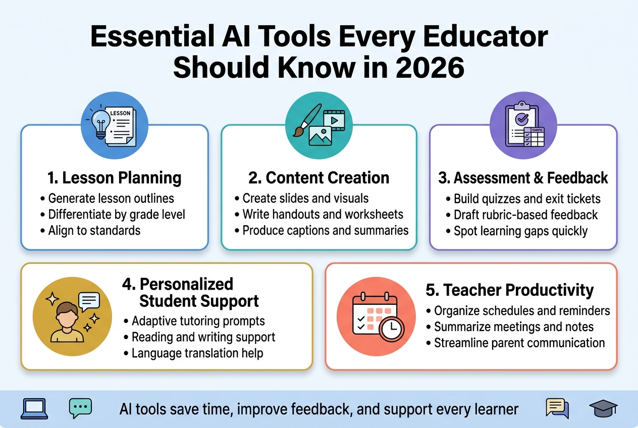 Full-bleed clean professional infographic, aspect ratio 3:2, wide horizontal layout, modern flat vector style, white background with soft blue, teal, purple, and gold accents, crisp sans-serif typography.

Top center large bold heading text: "Essential AI Tools Every Educator Should Know in 2026"

Below the heading, arrange 5 wide horizontal content blocks in a balanced 2-row grid: 3 blocks on the top row and 2 larger blocks on the bottom row, with clear spacing and thin rounded borders.

Block 1 on upper left: blue circle icon of a lightbulb and lesson plan pages. Title text: "1. Lesson Planning". Body text lines:
"• Generate lesson outlines"
"• Differentiate by grade level"
"• Align to standards"

Block 2 upper center: teal circle icon of a paintbrush, image, and video symbols. Title text: "2. Content Creation". Body text lines:
"• Create slides and visuals"
"• Write handouts and worksheets"
"• Produce captions and summaries"

Block 3 upper right: purple circle icon of a clipboard with a checkmark and rubric grid. Title text: "3. Assessment & Feedback". Body text lines:
"• Build quizzes and exit tickets"
"• Draft rubric-based feedback"
"• Spot learning gaps quickly"

Block 4 lower left, wider block: gold circle icon of a student head, chat bubble, and sparkles. Title text: "4. Personalized Student Support". Body text lines:
"• Adaptive tutoring prompts"
"• Reading and writing support"
"• Language translation help"

Block 5 lower right, wider block: coral circle icon of a calendar, clock, and checklist. Title text: "5. Teacher Productivity". Body text lines:
"• Organize schedules and reminders"
"• Summarize meetings and notes"
"• Streamline parent communication"

Add a slim footer bar across the bottom with small icons of a laptop, chat bubble, and graduation cap, plus centered text: "AI tools save time, improve feedback, and support every learner"

Use strong visual hierarchy, bold numbered labels, clean iconography, subtle shadows, and a polished educational infographic look.
