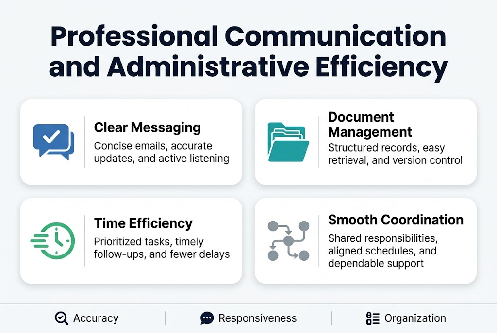 Full-bleed professional infographic in a 3:2 aspect ratio, clean modern corporate style, white background with navy blue, teal, and light gray accents, sans-serif font.

Top center: bold large heading in dark navy text: "Professional Communication and Administrative Efficiency"

Below the heading, arrange four wide horizontal sections in a 2x2 grid with rounded rectangular cards, each with a colored icon on the left and text on the right.

Top left card:
- Blue speech bubble icon with a checkmark
- Bold subheading: "Clear Messaging"
- Smaller text: "Concise emails, accurate updates, and active listening"

Top right card:
- Teal file folder icon with organized tabs
- Bold subheading: "Document Management"
- Smaller text: "Structured records, easy retrieval, and version control"

Bottom left card:
- Green clock icon with a streamlined arrow
- Bold subheading: "Time Efficiency"
- Smaller text: "Prioritized tasks, timely follow-ups, and fewer delays"

Bottom right card:
- Gray workflow icon with connected nodes
- Bold subheading: "Smooth Coordination"
- Smaller text: "Shared responsibilities, aligned schedules, and dependable support"

Add a thin bottom banner across the full width with three small icon labels separated by dividers:
- "Accuracy"
- "Responsiveness"
- "Organization"

Use clear visual hierarchy, bold section headings, balanced spacing, and a polished business infographic layout.