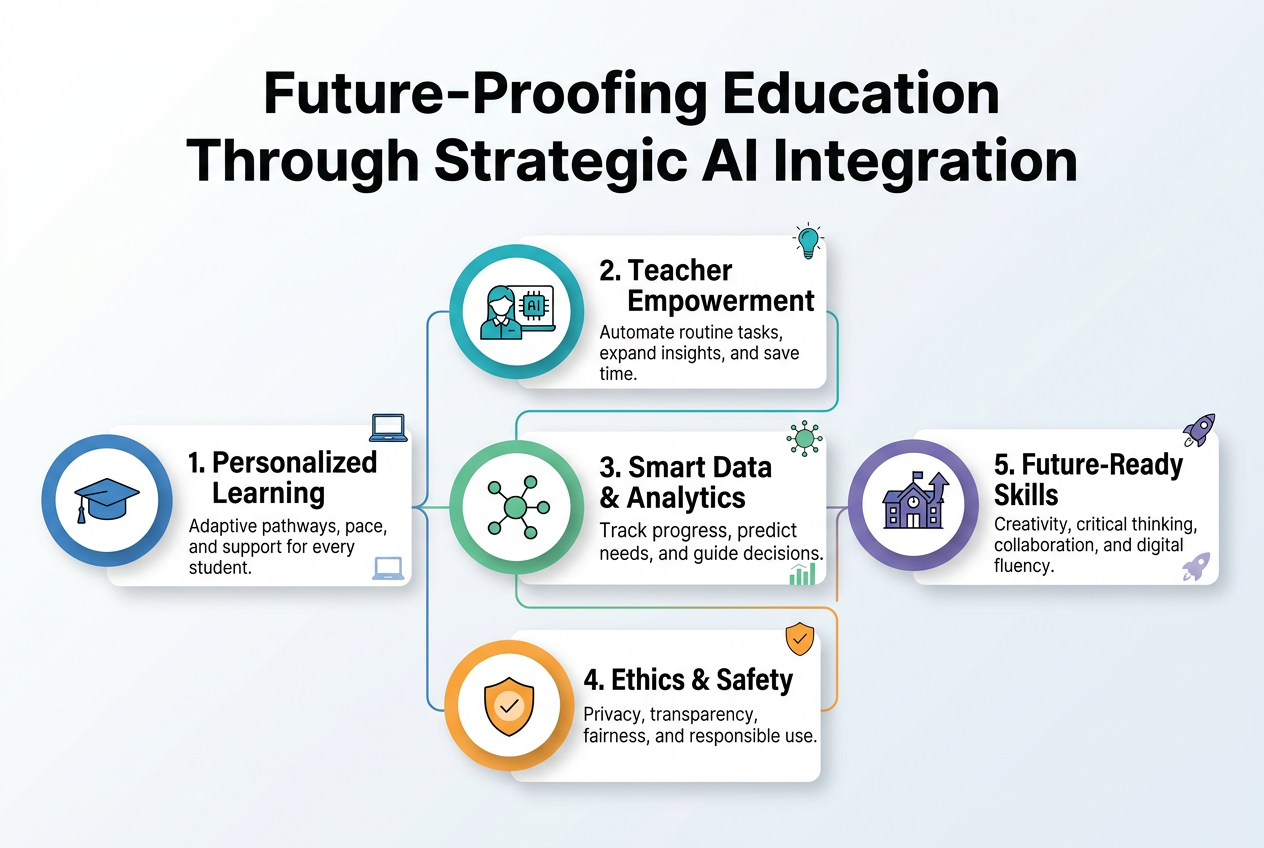 Create a clean, professional full-bleed infographic in a 3:2 aspect ratio with a modern blue, teal, white, and soft gray color palette, subtle gradients, crisp vector style, and sans-serif typography.

Top center, large bold heading text: "Future-Proofing Education Through Strategic AI Integration"

Below the heading, arrange five wide horizontal content blocks across the canvas in a balanced multi-column layout, each with a numbered circle icon on the left and a matching simple symbol.

1. Left block with a blue circular icon showing a graduation cap. Text: "1. Personalized Learning" and smaller subtext: "Adaptive pathways, pace, and support for every student."

2. Upper middle block with a teal circular icon showing a teacher and AI chip. Text: "2. Teacher Empowerment" and smaller subtext: "Automate routine tasks, expand insights, and save time."

3. Center block with a green circular icon showing connected nodes. Text: "3. Smart Data & Analytics" and smaller subtext: "Track progress, predict needs, and guide decisions."

4. Lower middle block with an orange circular icon showing a shield with a checkmark. Text: "4. Ethics & Safety" and smaller subtext: "Privacy, transparency, fairness, and responsible use."

5. Right block with a purple circular icon showing a school building and upward arrow. Text: "5. Future-Ready Skills" and smaller subtext: "Creativity, critical thinking, collaboration, and digital fluency."

Add a thin connecting line or flow path linking the five blocks from left to right to suggest strategic integration. Include small accent icons near each block, such as a laptop, lightbulb, chart, shield, and rocket. Use clear hierarchy with bold numbered headings, smaller descriptive subtext, generous spacing, and a polished corporate-education infographic style.