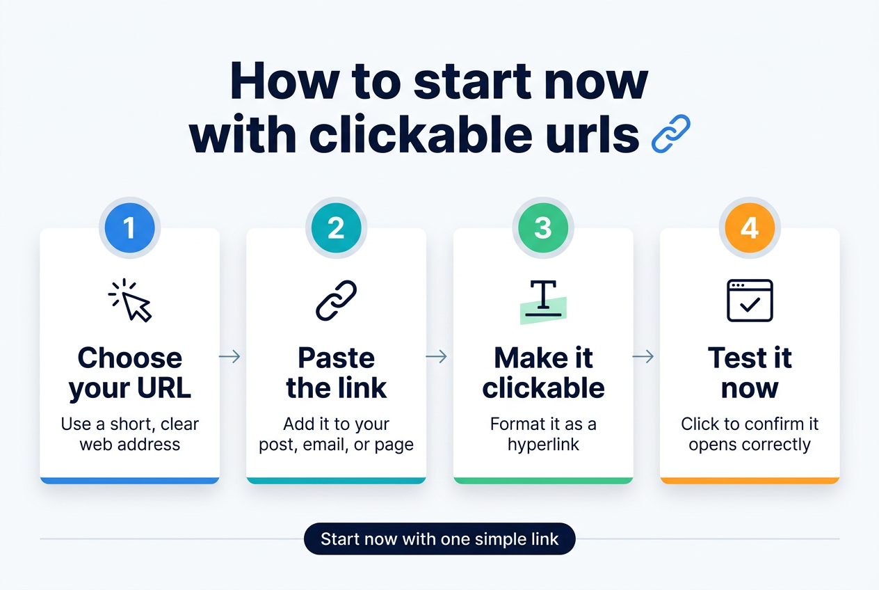 Create a clean, professional infographic illustration in a 3:2 aspect ratio with a full-bleed layout and no frame. Use a bright modern tech style with a white background, blue and teal accents, dark navy text, and subtle light-gray dividers. 

Top center: bold large heading text in dark navy, "How to start now with clickable urls". Add a small blue chain-link icon next to the heading.

Below the heading, arrange four wide horizontal step blocks across the canvas in a left-to-right flow, with numbered circles and simple icons above each block:

1. Left block: a blue circle with "1", a cursor click icon, and the text "Choose your URL" in bold, with smaller text below: "Use a short, clear web address".
2. Second block: a teal circle with "2", a link icon, and the text "Paste the link" in bold, with smaller text below: "Add it to your post, email, or page".
3. Third block: a green circle with "3", a text highlight icon, and the text "Make it clickable" in bold, with smaller text below: "Format it as a hyperlink".
4. Right block: an orange circle with "4", a checkmark-in-browser icon, and the text "Test it now" in bold, with smaller text below: "Click to confirm it opens correctly".

Add thin arrows between each block to show progression. Include a small callout banner along the bottom in dark navy with white text: "Start now with one simple link". Use modern sans-serif fonts, strong visual hierarchy, generous spacing, crisp vector shapes, and a polished infographic style.
