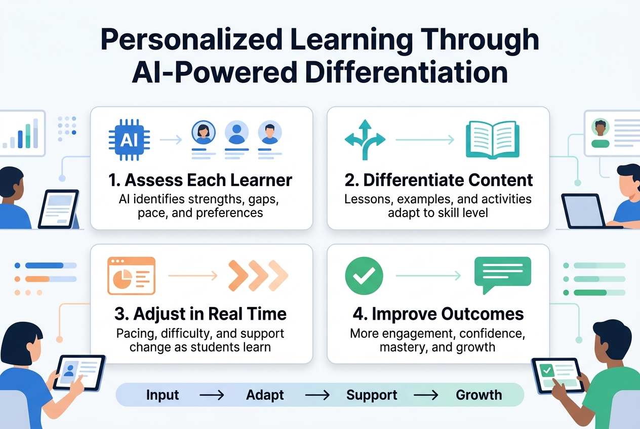 Create a full-bleed 3:2 infographic illustration with a clean modern professional style, bright white background with blue, teal, and soft orange accents, bold sans-serif typography, and a clear visual hierarchy.

Top center large bold heading in dark navy:
"Personalized Learning Through AI-Powered Differentiation"

Below the title, arrange four wide horizontal sections in a 2x2 grid across the page, with evenly spaced cards and simple flat icons.

1) Top left card with a blue AI chip icon and learner profile icons:
"1. Assess Each Learner"
Small supporting text beneath:
"AI identifies strengths, gaps, pace, and preferences"

2) Top right card with a teal branching-path icon and open book icon:
"2. Differentiate Content"
Small supporting text beneath:
"Lessons, examples, and activities adapt to skill level"

3) Bottom left card with an orange dashboard icon and progress arrows:
"3. Adjust in Real Time"
Small supporting text beneath:
"Pacing, difficulty, and support change as students learn"

4) Bottom right card with a green checkmark and feedback bubble icon:
"4. Improve Outcomes"
Small supporting text beneath:
"More engagement, confidence, mastery, and growth"

Add a wide center-bottom band with a left-to-right flow graphic connecting the four sections using arrows and small labels:
"Input" → "Adapt" → "Support" → "Growth"

Include subtle classroom visual elements around the cards: student avatars, tablet screens, data dots, progress bars, and light connecting lines. Use strong contrast, crisp edges, balanced spacing, and a horizontal layout with no poster frame and no inset margins.