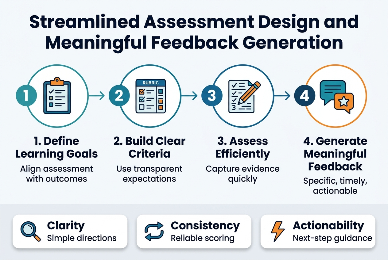 Create a clean, professional infographic in a 3:2 aspect ratio with a full-bleed layout and no frame. Use a modern flat design with a white background, deep navy text, teal and blue accents, and orange highlight elements. Place a bold title across the top: "Streamlined Assessment Design and Meaningful Feedback Generation". 

Arrange the infographic in a wide horizontal 4-step workflow across the center, using large numbered circles connected by thin arrows. Each step should have a clear icon and short label block beneath it.

Step 1 on the left: a clipboard icon and the text "1. Define Learning Goals" with a smaller subtitle "Align assessment with outcomes".
Step 2 left-center: a checklist and rubric icon and the text "2. Build Clear Criteria" with a smaller subtitle "Use transparent expectations".
Step 3 right-center: a pencil and scored-paper icon and the text "3. Assess Efficiently" with a smaller subtitle "Capture evidence quickly".
Step 4 on the right: a speech bubble and star icon and the text "4. Generate Meaningful Feedback" with a smaller subtitle "Specific, timely, actionable".

Below the workflow, add a wide bottom band with three compact feature blocks spaced evenly across the width:
"Clarity" with a magnifying glass icon and the text "Simple directions"
"Consistency" with a repeat-arrows icon and the text "Reliable scoring"
"Actionability" with a lightning icon and the text "Next-step guidance"

Use strong visual hierarchy, bold headings, rounded rectangles for each block, subtle shadows, and clean sans-serif typography. Keep the composition balanced and horizontal, with all text legible and aligned neatly in columns.