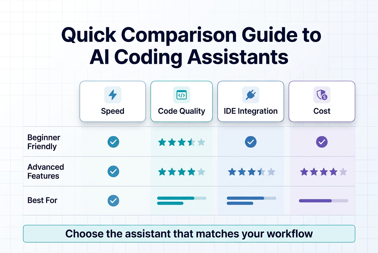 Full-bleed professional infographic, aspect ratio 3:2, clean modern tech style, white background with blue, teal, and purple accents, subtle grid pattern, sans-serif font.

Top center: large bold heading text in dark navy, "Quick Comparison Guide to AI Coding Assistants"

Below the heading, a wide horizontal comparison layout with 4 equal sections across the page, each in a rounded rectangular card with a small icon at the top and a short label:
1. Left card with a lightning icon and the text "Speed"
2. Second card with a code brackets icon and the text "Code Quality"
3. Third card with a plug/integration icon and the text "IDE Integration"
4. Right card with a shield/coin icon and the text "Cost"

Center area: a simple comparison matrix with 3 horizontal rows and 4 columns, using colored checkmarks, star ratings, and short bars instead of paragraphs. Include the row labels on the left:
"Beginner Friendly"
"Advanced Features"
"Best For"

Bottom band across the full width: a highlighted summary strip with the text "Choose the assistant that matches your workflow"

Use clear visual hierarchy, balanced spacing, crisp icons, light shadows, and professional infographic styling.