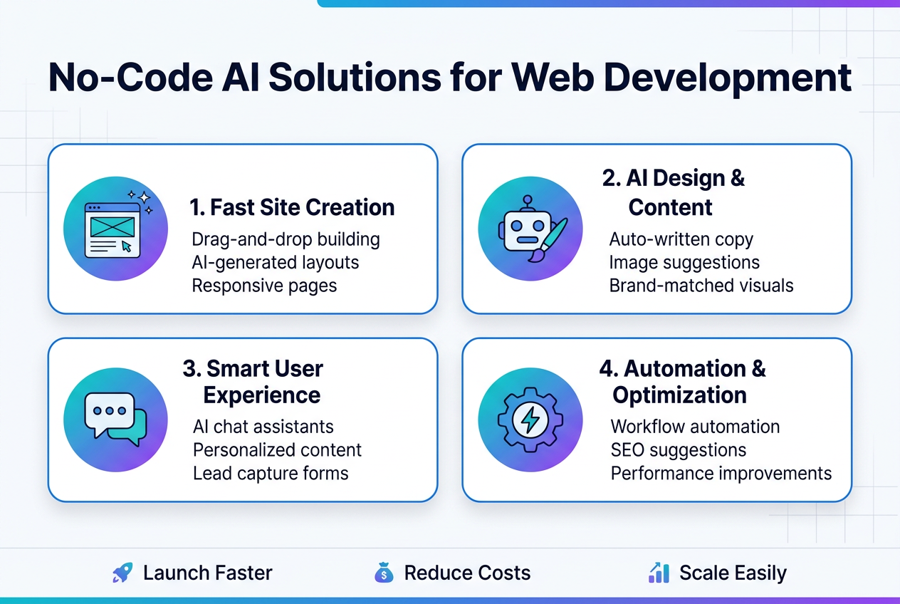 Create a full-bleed 3:2 landscape infographic with a clean modern SaaS style, white background with subtle light-gray grid accents and blue-to-purple gradient highlights. Place a bold large heading across the top: "No-Code AI Solutions for Web Development". Use a professional sans-serif font, dark navy text, with the title in the upper center spanning most of the width.

Below the title, arrange four wide horizontal sections in a 2x2 grid of rounded white cards with thin blue outlines and soft shadows, each with a colored circular icon on the left and clear bold subheading text.

Top-left card: a website wireframe icon with sparkles. Text: "1. Fast Site Creation" and smaller lines: "Drag-and-drop building", "AI-generated layouts", "Responsive pages".

Top-right card: a robot head with a paintbrush icon. Text: "2. AI Design & Content" and smaller lines: "Auto-written copy", "Image suggestions", "Brand-matched visuals".

Bottom-left card: a chatbot speech bubble icon. Text: "3. Smart User Experience" and smaller lines: "AI chat assistants", "Personalized content", "Lead capture forms".

Bottom-right card: a gear with lightning icon. Text: "4. Automation & Optimization" and smaller lines: "Workflow automation", "SEO suggestions", "Performance improvements".

Add a slim bottom banner across the full width with three small icon bullets and labels spaced evenly: "Launch Faster", "Reduce Costs", "Scale Easily". Use blue, teal, and purple accents throughout. Keep spacing balanced, typography crisp, and the layout wide and uncluttered.