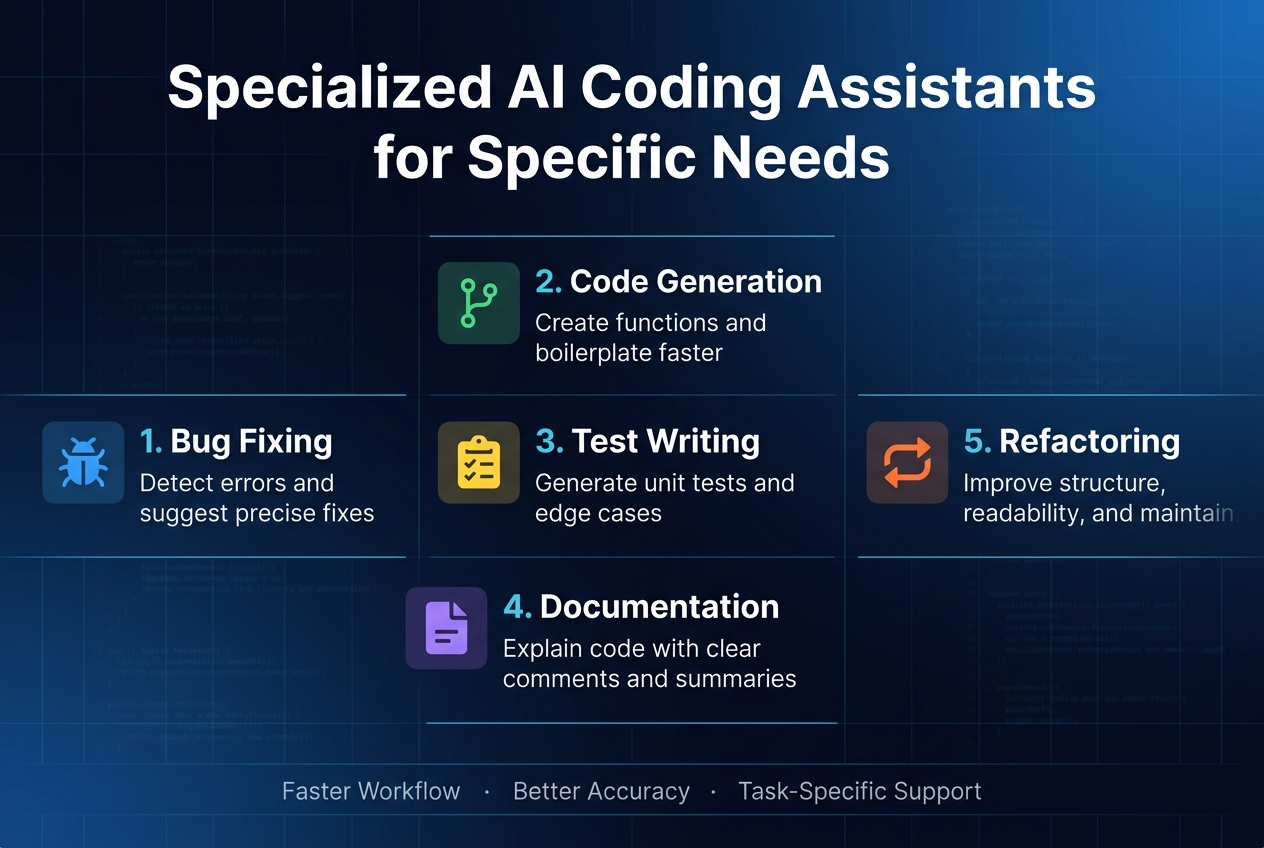 Full-bleed 3:2 infographic illustration, clean professional tech style, dark navy to blue gradient background with subtle grid and code-like patterns, crisp white and cyan typography, modern sans-serif font. Large bold heading at the top center: "Specialized AI Coding Assistants for Specific Needs". 

Below the title, arrange five wide horizontal feature blocks across the canvas in a balanced multi-column layout, not a vertical stack. Each block has a colored icon on the left, a short numbered label, a bold subheading, and one concise supporting line.

1. Left block: a blue bug icon, text: "1. Bug Fixing" and "Detect errors and suggest precise fixes".
2. Upper middle block: a green branching code icon, text: "2. Code Generation" and "Create functions and boilerplate faster".
3. Center block: a yellow checklist icon, text: "3. Test Writing" and "Generate unit tests and edge cases".
4. Lower middle block: a purple document icon, text: "4. Documentation" and "Explain code with clear comments and summaries".
5. Right block: an orange refactor arrows icon, text: "5. Refactoring" and "Improve structure, readability, and maintainability".

Add a small footer band across the bottom with three compact labels separated by dots: "Faster Workflow" · "Better Accuracy" · "Task-Specific Support". Use clean spacing, subtle dividers between sections, and clear visual hierarchy with the title largest, subheadings medium, and body text smaller.