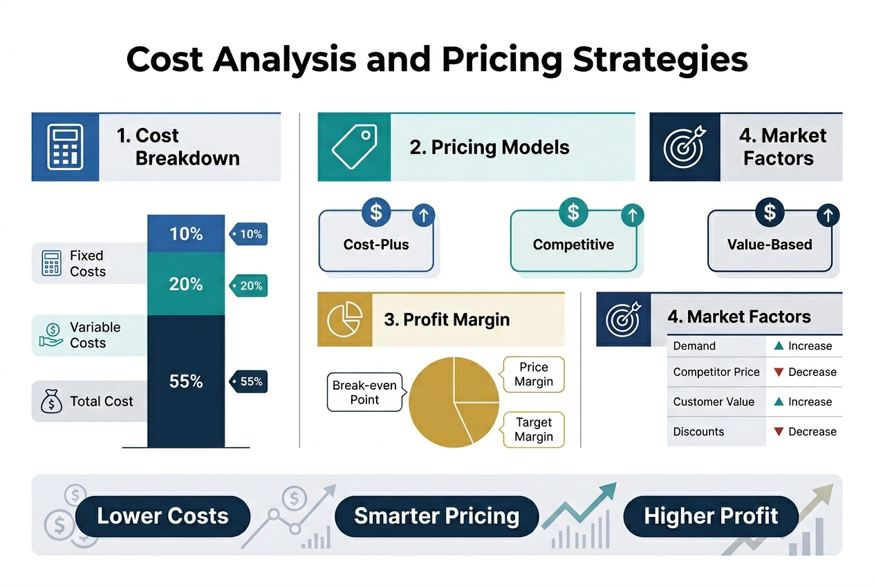 3:2 landscape full-bleed infographic, clean modern business style, white background with navy, teal, and gold accents, professional sans-serif fonts, bold title at top center reading "Cost Analysis and Pricing Strategies"

Below the title, create a wide 4-section horizontal layout with clear dividers and numbered blocks:

1. Left section: "1. Cost Breakdown" with a blue calculator icon and a layered stacked-bar graphic. Include three labeled cost items: "Fixed Costs", "Variable Costs", "Total Cost". Use small percentage tags and simple line icons.

2. Center-left section: "2. Pricing Models" with a teal tag icon and three pricing cards arranged horizontally: "Cost-Plus", "Competitive", "Value-Based". Add small dollar symbols and upward arrow markers.

3. Center-right section: "3. Profit Margin" with a gold pie-chart icon and a circular chart showing "Cost", "Price", and "Margin". Include the labels "Break-even Point" and "Target Margin" in clean callout boxes.

4. Right section: "4. Market Factors" with a navy target icon and a small comparison table showing "Demand", "Competitor Price", "Customer Value", "Discounts". Add arrow indicators for "Increase" and "Decrease".

Along the bottom, include a wide summary band with three bold metric badges: "Lower Costs", "Smarter Pricing", "Higher Profit". Add subtle finance symbols, line graphs, and upward trend arrows. Use strong visual hierarchy, balanced spacing, crisp vector shapes, and clean infographic icons throughout.
