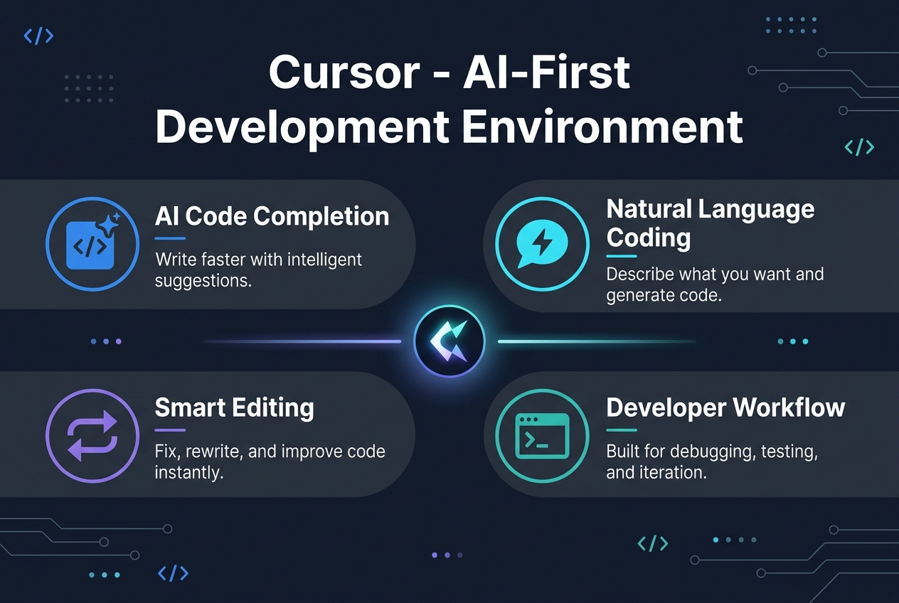 Create a clean modern infographic in a 3:2 landscape format, full-bleed layout with no frame, wide horizontal sections, professional tech style. Use a dark navy and charcoal background with electric blue, cyan, white, and subtle purple accents. Use bold sans-serif typography for the heading and smaller clean sans-serif text for labels.

Top center: large bold heading in white text: "Cursor - AI-First Development Environment"

Below the heading, arrange four wide feature blocks in a 2x2 grid across the canvas, each with a circular icon on the left, a bold subheading, and one short supporting line.

Top-left block: blue code icon with spark symbol. Text: "AI Code Completion" and smaller line: "Write faster with intelligent suggestions."

Top-right block: cyan chat bubble icon with a lightning bolt. Text: "Natural Language Coding" and smaller line: "Describe what you want and generate code."

Bottom-left block: purple refactor arrows icon. Text: "Smart Editing" and smaller line: "Fix, rewrite, and improve code instantly."

Bottom-right block: teal terminal window icon with cursor. Text: "Developer Workflow" and smaller line: "Built for debugging, testing, and iteration."

Add a slim horizontal connector line or subtle glow accents linking the four blocks around a central glowing Cursor-style logo mark in the middle of the composition. Place small decorative code brackets, dots, and circuit-like lines in the background for a polished AI software theme. Keep the layout balanced, spacious, and easy to read.