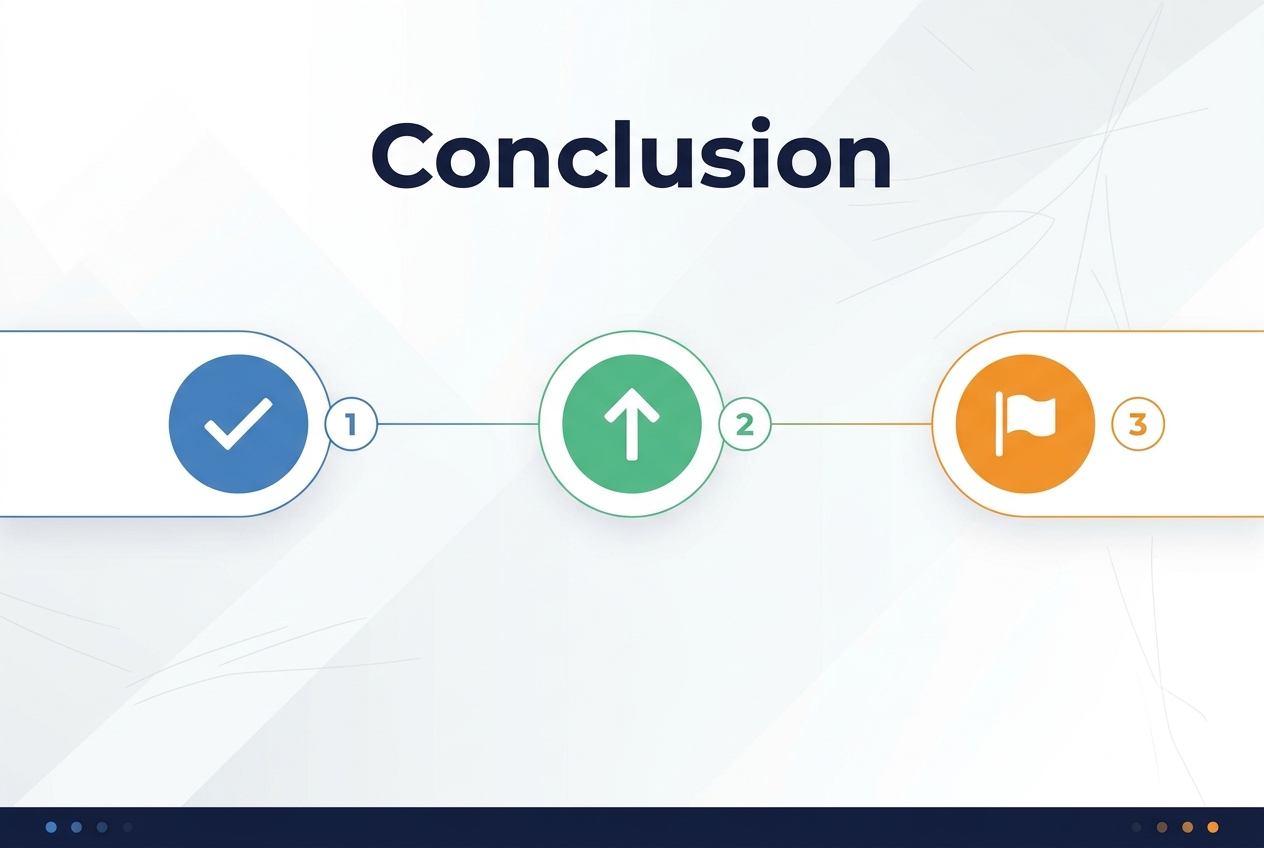 Full-bleed 3:2 infographic slide with a clean modern professional design. Large bold heading at the top center in dark navy text: "Conclusion". Background in soft white with subtle light gray geometric gradients and faint abstract lines. 

Across the middle, place three wide horizontal sections in a balanced left-to-right layout:
1) Left section: a blue circular icon with a white checkmark, with a small numbered circle "1" beside it.
2) Center section: a green circular icon with a white upward arrow, with a small numbered circle "2" beside it.
3) Right section: an orange circular icon with a white flag, with a small numbered circle "3" beside it.

Use thin connecting lines between the three sections to create a flow from left to right. Add a subtle dark navy footer bar along the bottom with small decorative dots and no extra text. Clean sans-serif font, strong visual hierarchy, crisp spacing, high contrast, minimal corporate infographic style.