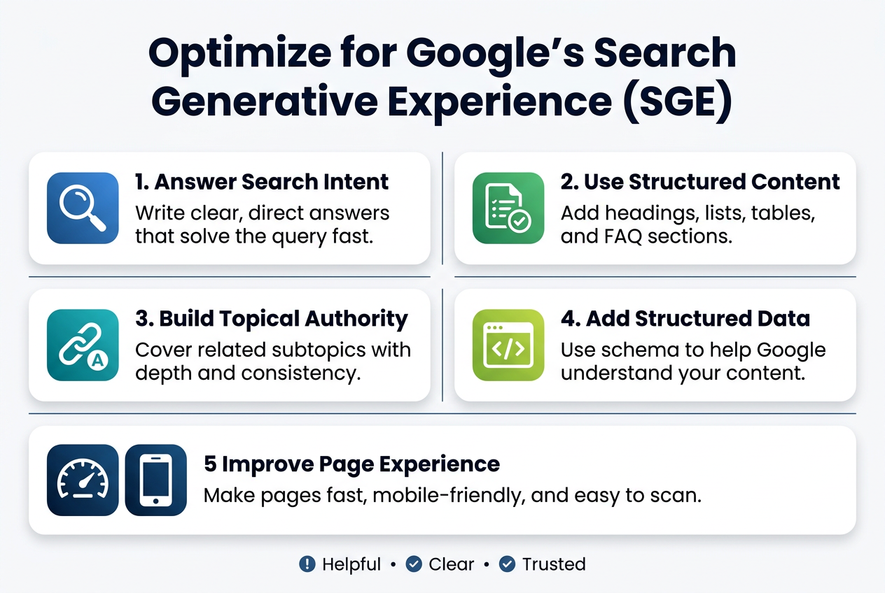 Create a full-bleed 3:2 landscape infographic in a clean modern corporate style, using a white background with deep blue, teal, and lime green accents, subtle gradients, and crisp sans-serif typography.
Top center: large bold heading in dark navy text: "Optimize for Google’s Search Generative Experience (SGE)"
Below the heading, arrange five wide horizontal numbered sections in a two-column layout with clear spacing and thin divider lines, each section inside a rounded rectangle card with a matching colored icon on the left and text on the right.
Section 1, top left card: a blue magnifying glass icon. Title text: "1. Answer Search Intent" Body text: "Write clear, direct answers that solve the query fast."
Section 2, top right card: a green document and checklist icon. Title text: "2. Use Structured Content" Body text: "Add headings, lists, tables, and FAQ sections."
Section 3, middle left card: a teal link and authority icon. Title text: "3. Build Topical Authority" Body text: "Cover related subtopics with depth and consistency."
Section 4, middle right card: a lime green schema markup icon. Title text: "4. Add Structured Data" Body text: "Use schema to help Google understand your content."
Section 5, bottom wide card spanning both columns: a dark blue speedometer and mobile-friendly icon. Title text: "5. Improve Page Experience" Body text: "Make pages fast, mobile-friendly, and easy to scan."
Add a slim bottom banner with three small icon bullets separated by dots, with the text: "Helpful • Clear • Trusted"
Use strong visual hierarchy, bold section titles, medium-weight body text, clean alignment, modern infographic icons, and plenty of breathing room. No border frame.