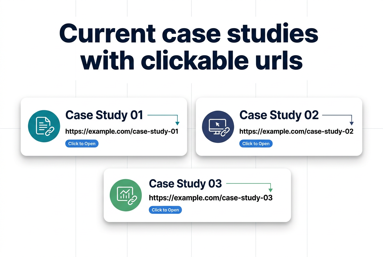 Create a full-bleed professional infographic in a 3:2 aspect ratio with a clean white background, deep navy and teal accents, and subtle light-gray grid details. Place a large bold heading across the top: "Current case studies with clickable urls". Under the heading, arrange three wide horizontal case-study cards in a 3-column layout across the center of the image, evenly spaced and aligned left to right.
Card 1 on the left: a teal circular icon with a document and link symbol, title text "Case Study 01", a short bold URL line "https://example.com/case-study-01", and a small blue button-style label "Click to Open".
Card 2 in the center: a navy circular icon with a monitor and link symbol, title text "Case Study 02", a short bold URL line "https://example.com/case-study-02", and a small blue button-style label "Click to Open".
Card 3 on the right: a green circular icon with a chart and link symbol, title text "Case Study 03", a short bold URL line "https://example.com/case-study-03", and a small blue button-style label "Click to Open".
Add thin connector lines or arrow markers pointing from each card’s title to its URL line. Use modern sans-serif typography, clear hierarchy, rounded card corners, subtle shadows, and strong spacing. Keep the layout wide and balanced, with the title at the top and the three clickable URL case-study sections centered below it.