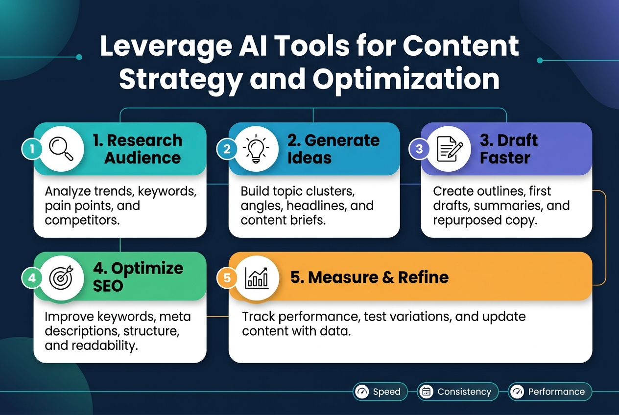 A full-bleed 3:2 landscape infographic with a clean modern professional style, deep navy background with teal, cyan, and white accents, subtle gradient shapes and thin connecting lines. Large bold heading across the top center in white sans-serif: "Leverage AI Tools for Content Strategy and Optimization".
Below the heading, create five wide horizontal sections arranged in a 2-row grid with one larger bottom band, using distinct rounded cards with soft shadows and color-coded headers. Each section includes a numbered circle icon on the left and a simple line icon.
Section 1 at upper left: teal card with a magnifying glass icon and title in bold white text: "1. Research Audience". Smaller body text beneath: "Analyze trends, keywords, pain points, and competitors."
Section 2 at upper middle: blue card with a lightbulb icon and title: "2. Generate Ideas". Smaller body text: "Build topic clusters, angles, headlines, and content briefs."
Section 3 at upper right: purple card with a document-and-pen icon and title: "3. Draft Faster". Smaller body text: "Create outlines, first drafts, summaries, and repurposed copy."
Section 4 at lower left: green card with a target icon and title: "4. Optimize SEO". Smaller body text: "Improve keywords, meta descriptions, structure, and readability."
Section 5 across the lower center and right as a wider card: orange card with a chart icon and title: "5. Measure & Refine". Smaller body text: "Track performance, test variations, and update content with data."
Add a slim bottom ribbon spanning the width with three small metric badges and icons: "Speed", "Consistency", "Performance". Use clean typography, strong spacing, aligned columns, crisp vector style, minimal decorative elements, no photo imagery, no frame, no border.