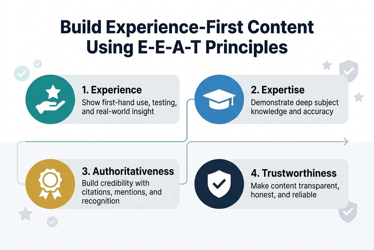 Create a full-bleed landscape infographic in 3:2 aspect ratio with a clean modern editorial style, white background with deep navy, teal, gold, and light gray accents, bold sans-serif typography, and strong visual hierarchy. Place a large bold heading across the top center: "Build Experience-First Content Using E-E-A-T Principles". Under the heading, arrange four wide horizontal content blocks in a 2x2 grid, evenly spaced across the center of the canvas, each with a colored circular icon on the left and text on the right.
Block 1: a teal circle icon showing a hand holding a star, label text: "1. Experience" and smaller text: "Show first-hand use, testing, and real-world insight".
Block 2: a blue circle icon showing a graduation cap, label text: "2. Expertise" and smaller text: "Demonstrate deep subject knowledge and accuracy".
Block 3: a gold circle icon showing a badge or award ribbon, label text: "3. Authoritativeness" and smaller text: "Build credibility with citations, mentions, and recognition".
Block 4: a dark navy circle icon showing a shield with a checkmark, label text: "4. Trustworthiness" and smaller text: "Make content transparent, honest, and reliable".
Add a slim connecting line or subtle arrow flow moving left to right across the middle, linking the four blocks. Include small accent checkmarks, stars, and shield motifs in the background at low opacity. Use ample spacing, crisp alignment, and a polished professional infographic layout with no frame and no inset margins.