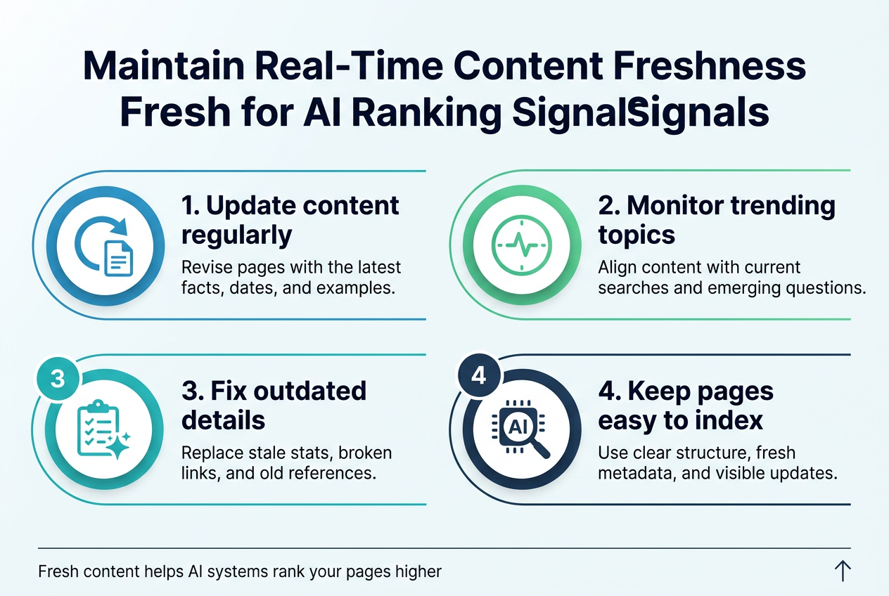 Create a clean, modern infographic illustration in a full-bleed 3:2 landscape layout with a professional tech style, white background with subtle light-blue and teal accents, and dark navy text. Place a bold headline across the top center in large sans-serif font: "Maintain Real-Time Content Freshness for AI Ranking Signals".
Below the heading, arrange four wide horizontal sections in a 2x2 grid with clear spacing, each section containing a large numbered circle icon, a simple visual symbol, and short text. Use teal, blue, and green accent colors with subtle gradients and thin divider lines.
Top left section: a blue circular icon with a refresh arrow and a document symbol. Text: "1. Update content regularly" and smaller line: "Revise pages with the latest facts, dates, and examples."
Top right section: a green circular icon with a clock and pulse line. Text: "2. Monitor trending topics" and smaller line: "Align content with current searches and emerging questions."
Bottom left section: a teal circular icon with a checklist and spark icon. Text: "3. Fix outdated details" and smaller line: "Replace stale stats, broken links, and old references."
Bottom right section: a navy circular icon with a search and AI chip symbol. Text: "4. Keep pages easy to index" and smaller line: "Use clear structure, fresh metadata, and visible updates."
Add a slim footer bar across the bottom with small text on the left: "Fresh content helps AI systems rank your pages higher" and a simple upward arrow graphic on the right. Use bold section titles, smaller supporting text, and strong visual hierarchy.