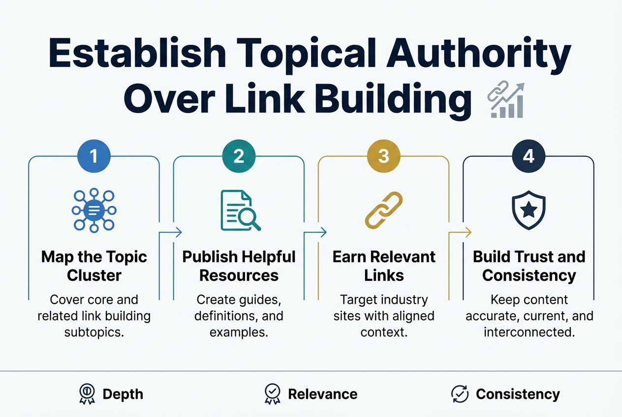 Create a full-bleed professional infographic in a 3:2 aspect ratio with a clean modern SEO/marketing style. Use a white background with deep navy, teal, blue, and gold accents.
Top header across the full width: large bold text in dark navy, centered left-to-right near the top: "Establish Topical Authority Over Link Building". Add a subtle link-chain and upward-growth icon beside the title.
Below the header, use a wide 4-block horizontal layout spanning the page, with each block containing a numbered circle, icon, short heading, and brief supporting line. Use clear visual hierarchy, sans-serif fonts, and ample spacing.
Block 1 on the left: blue circle with number "1" and a clustered content icon. Text: "Map the Topic Cluster" / "Cover core and related link building subtopics."
Block 2 left-center: teal circle with number "2" and a document-and-magnifier icon. Text: "Publish Helpful Resources" / "Create guides, definitions, and examples."
Block 3 right-center: gold circle with number "3" and a backlink chain icon. Text: "Earn Relevant Links" / "Target industry sites with aligned context."
Block 4 on the right: dark navy circle with number "4" and a shield-and-star icon. Text: "Build Trust and Consistency" / "Keep content accurate, current, and interconnected."
Add a slim bottom band spanning the full width with three small metric-style badges separated evenly: "Depth", "Relevance", "Consistency", each paired with a simple icon. Use subtle arrows and connecting lines between blocks to imply progression. Keep the composition wide, balanced, and uncluttered.